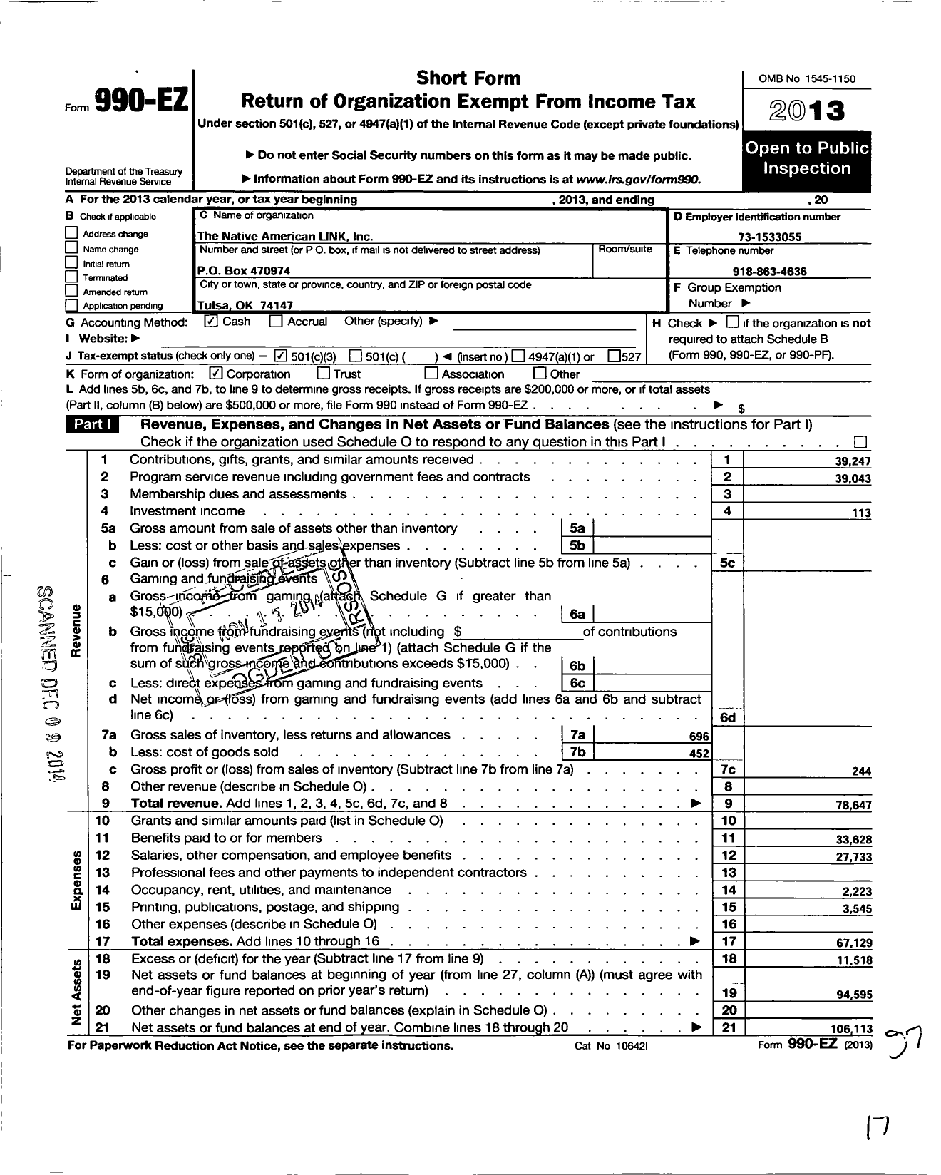 Image of first page of 2013 Form 990EZ for The Native American LINK