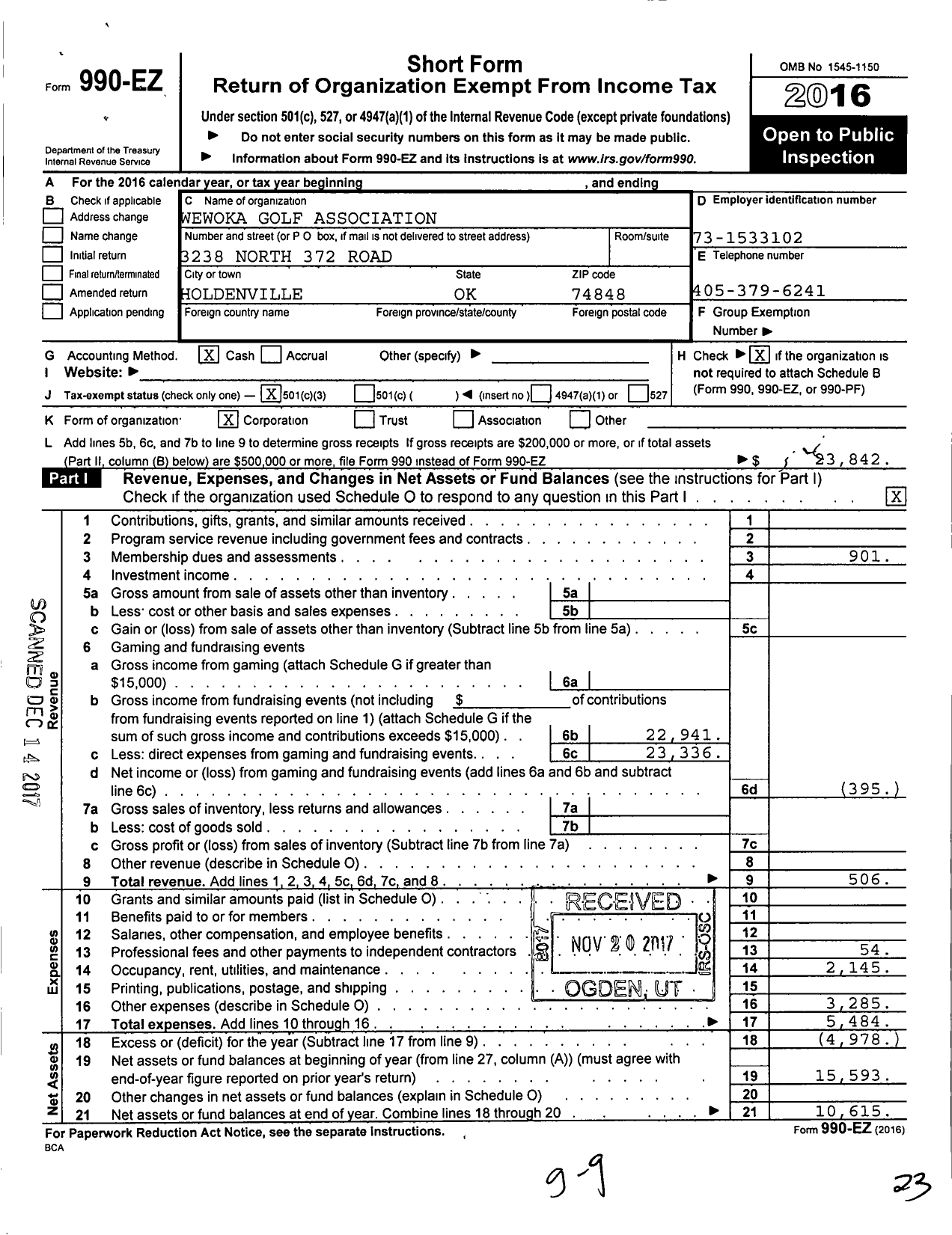 Image of first page of 2016 Form 990EZ for Wewoka Golf Association