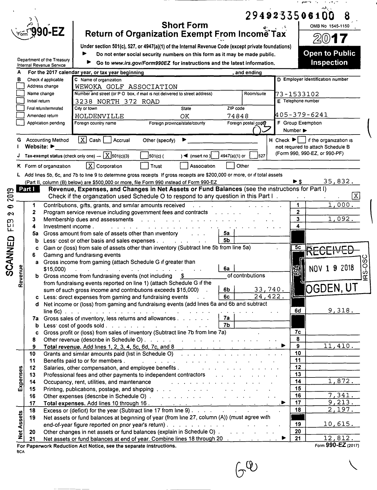 Image of first page of 2017 Form 990EZ for Wewoka Golf Association