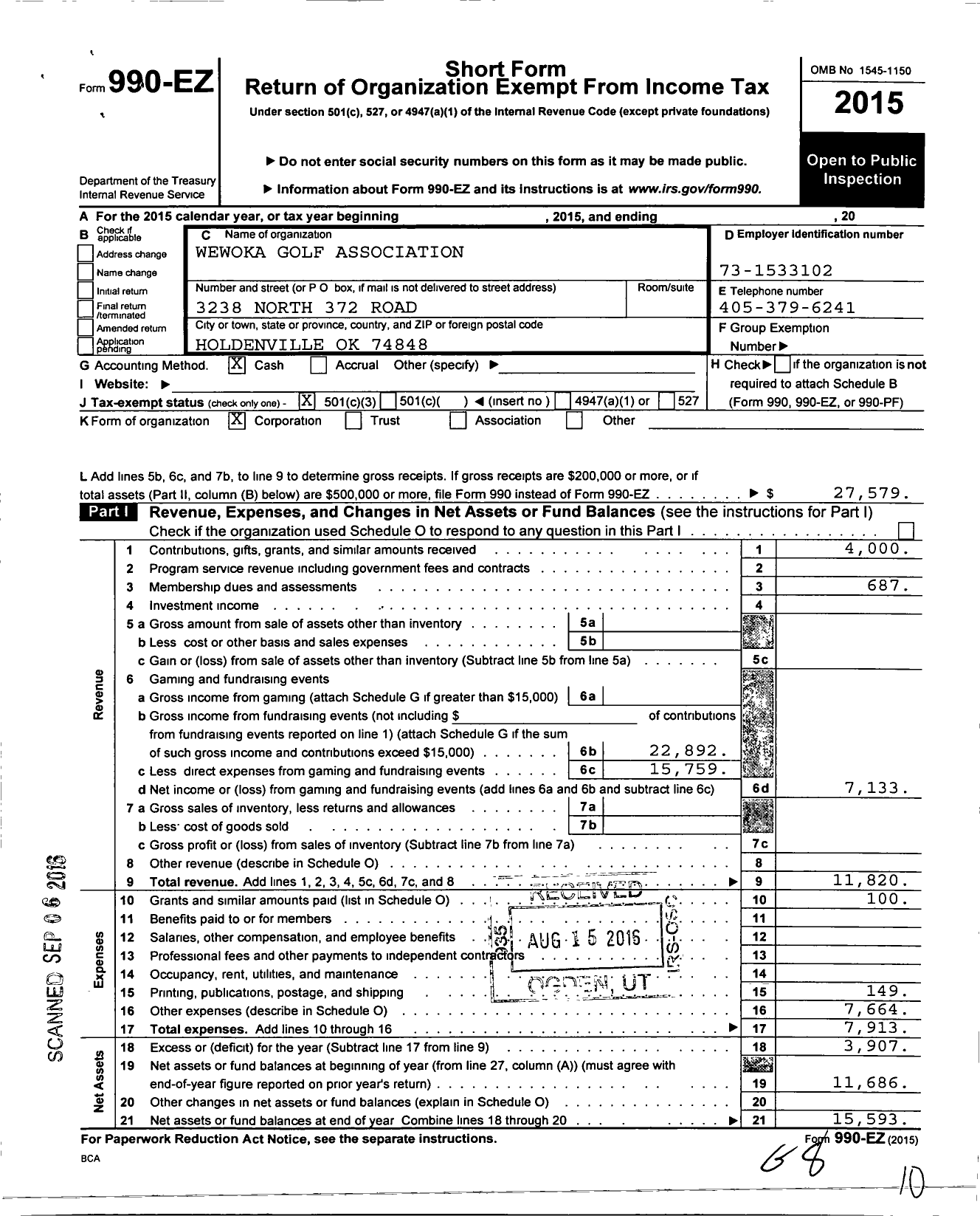 Image of first page of 2015 Form 990EZ for Wewoka Golf Association