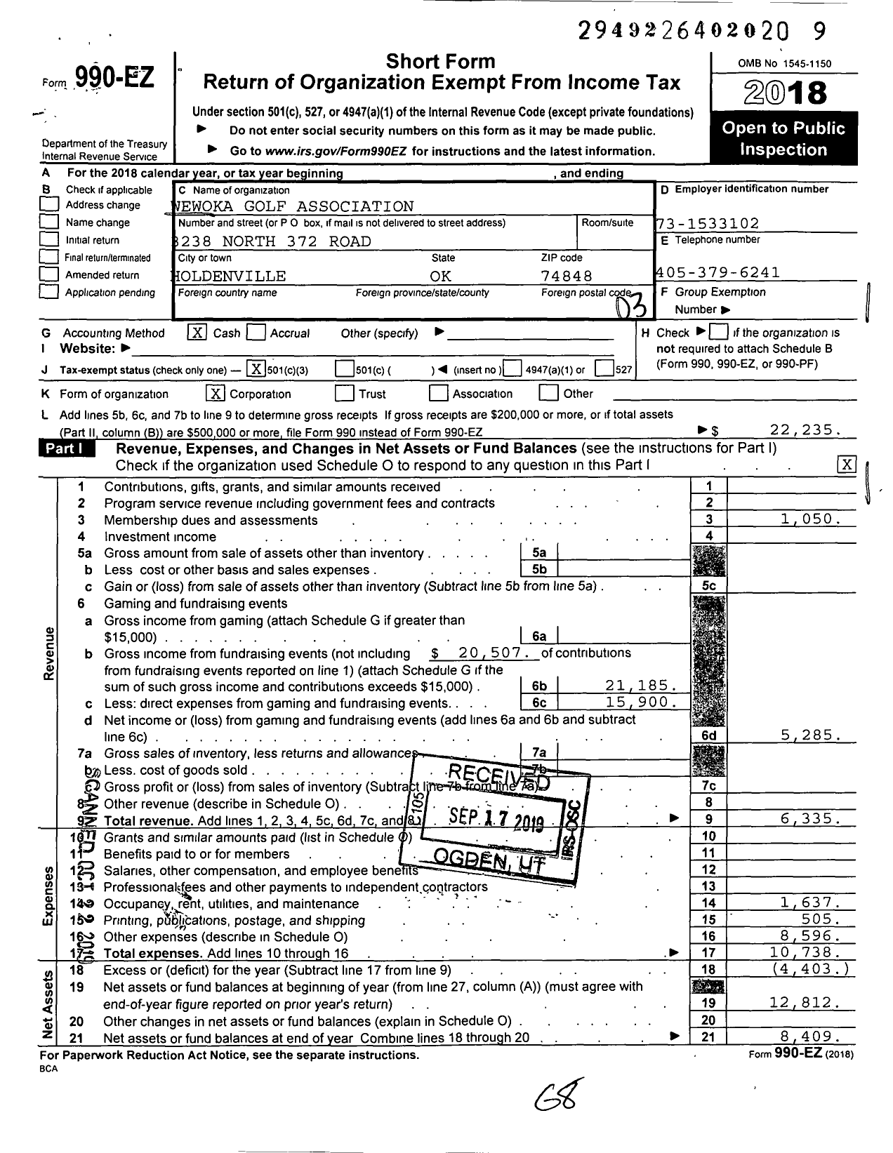 Image of first page of 2018 Form 990EZ for Wewoka Golf Association