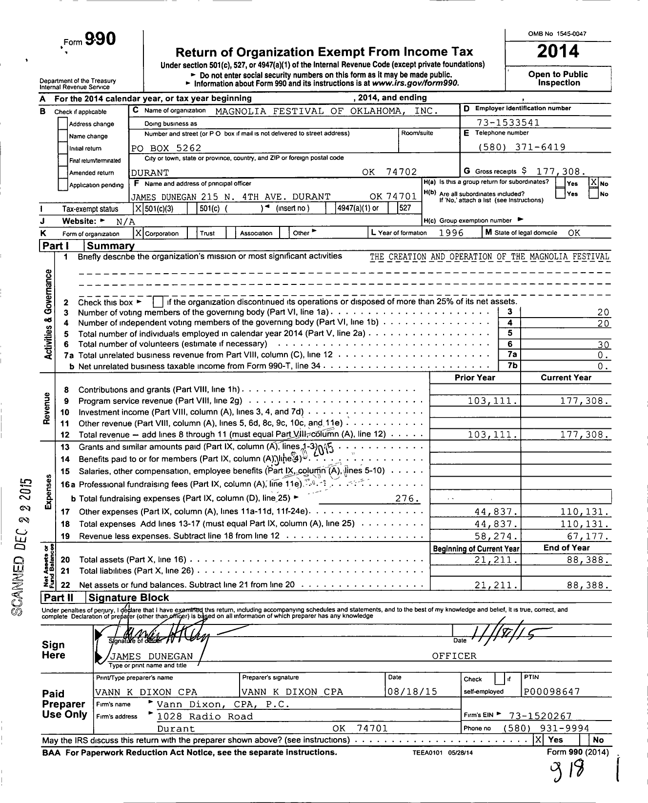 Image of first page of 2014 Form 990 for Magnolia Festival of Oklahoma