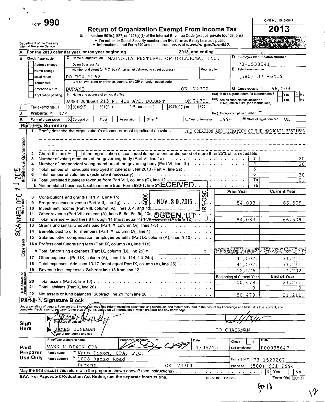 Image of first page of 2013 Form 990 for Magnolia Festival of Oklahoma