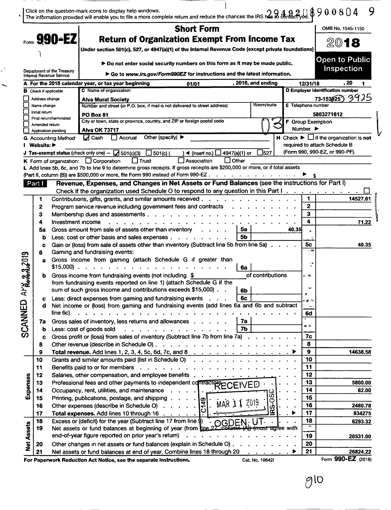 Image of first page of 2018 Form 990EZ for Alva Mural Society