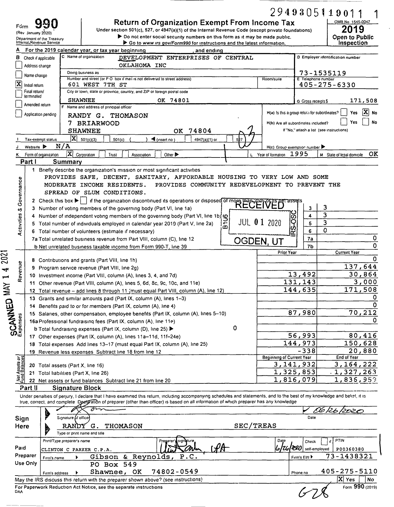 Image of first page of 2019 Form 990 for Development Enterprises of Central Oklahoma