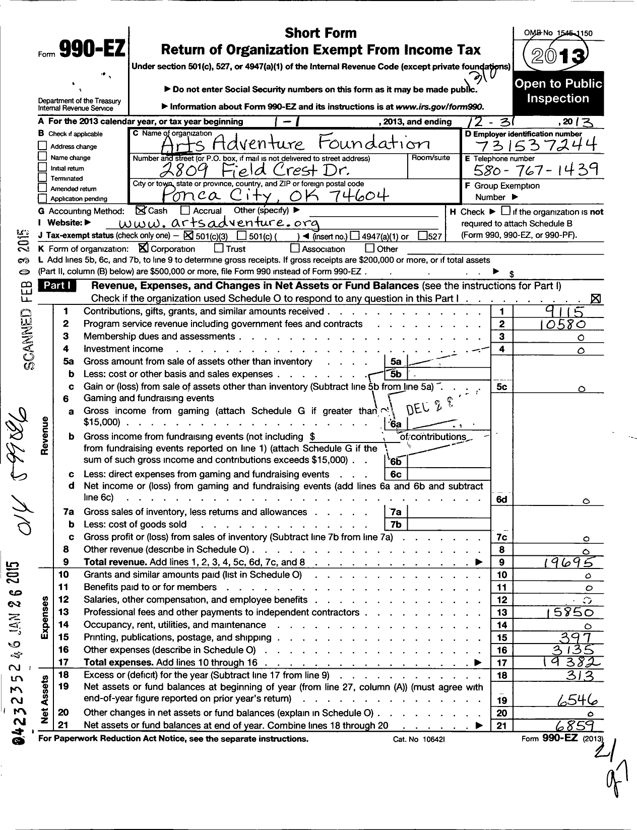 Image of first page of 2013 Form 990EZ for Arts Adventure Foundation