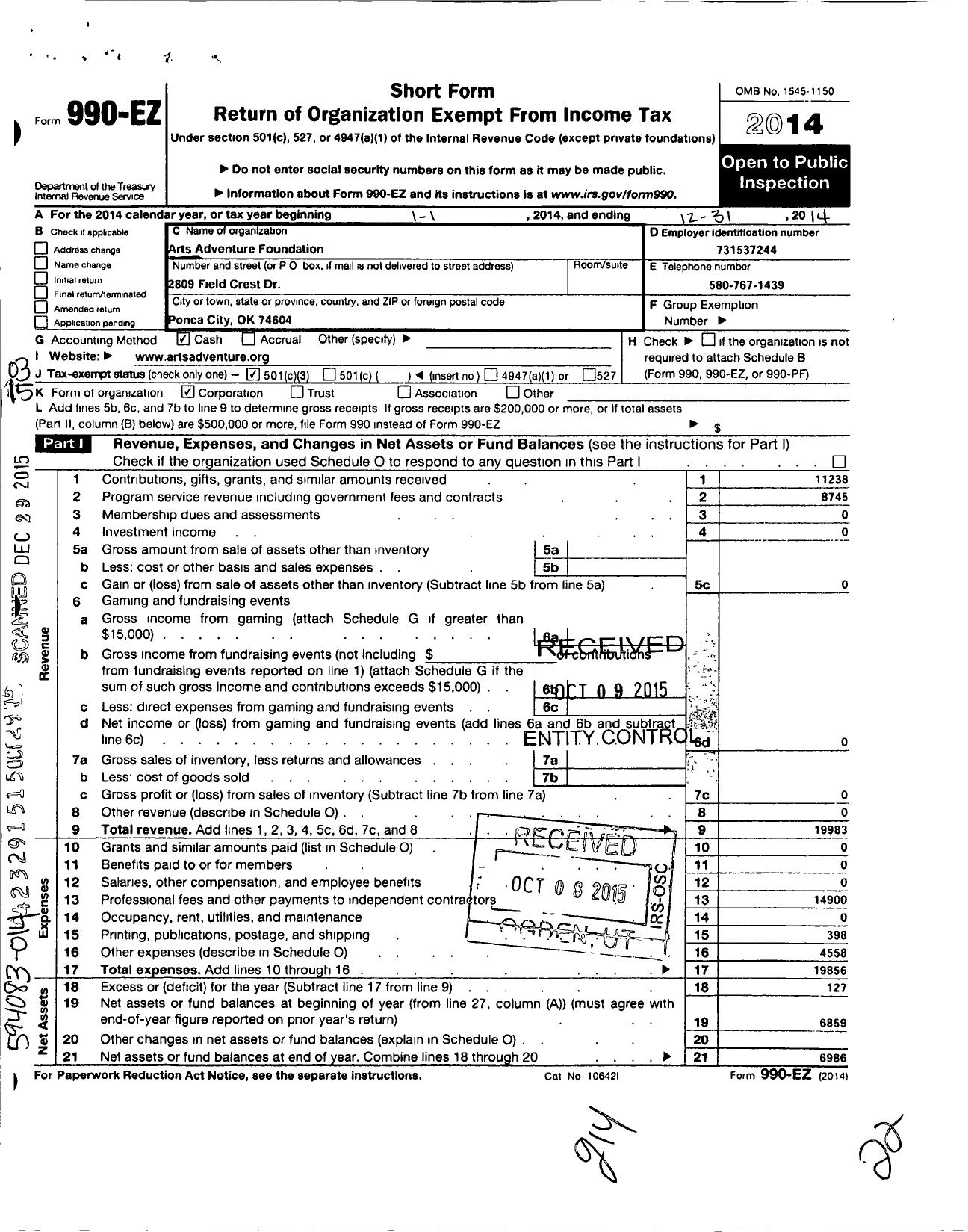 Image of first page of 2014 Form 990EZ for Arts Adventure Foundation