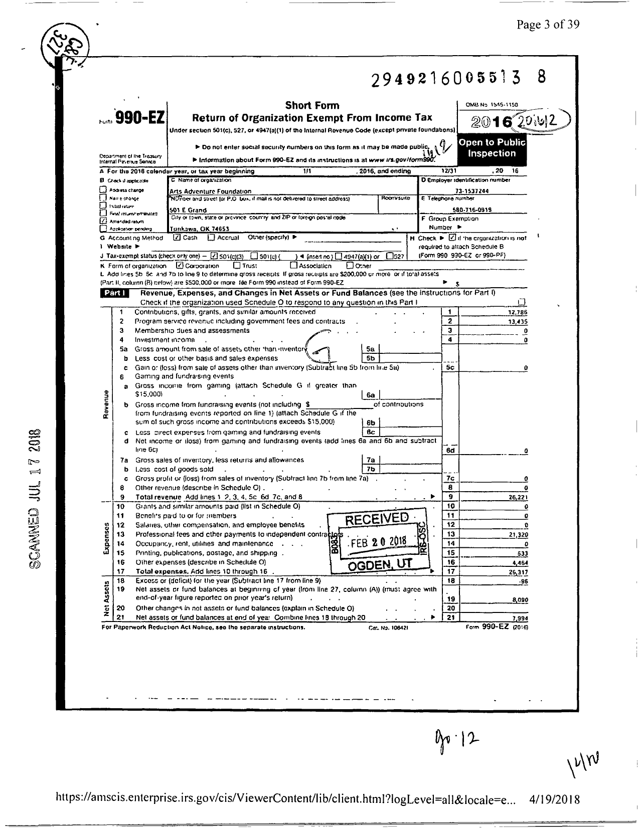 Image of first page of 2016 Form 990EZ for Arts Adventure Foundation