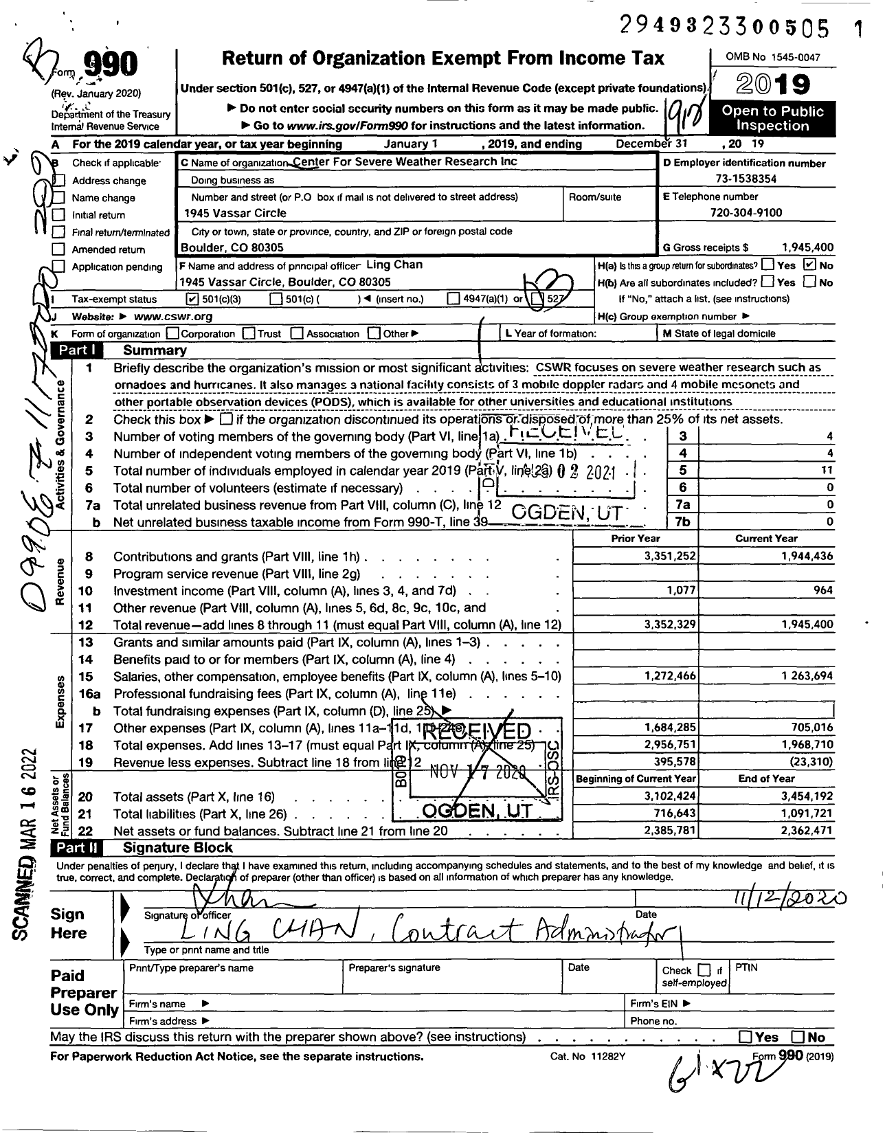 Image of first page of 2019 Form 990 for Center for Severe Weather Research (CSWR)