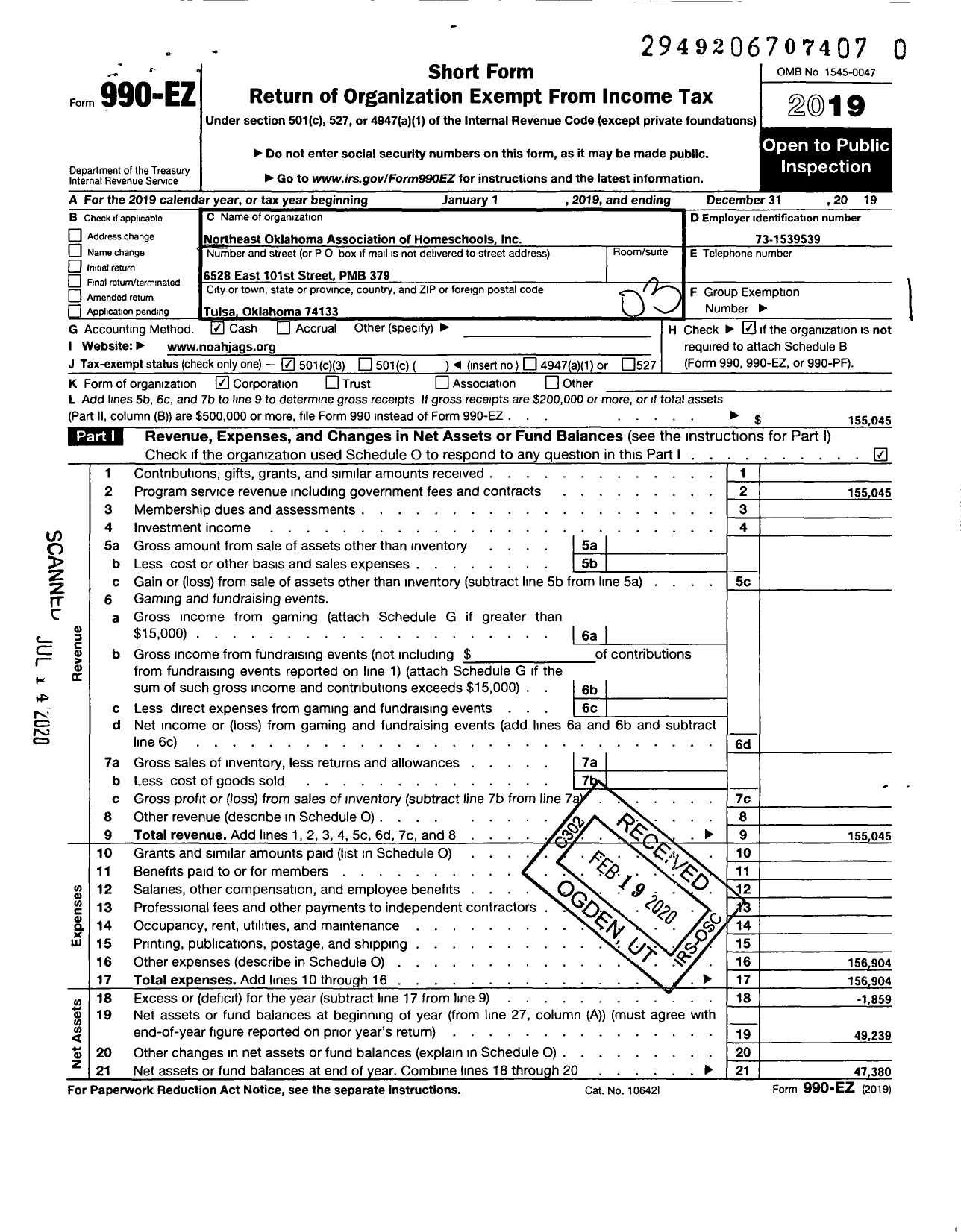 Image of first page of 2019 Form 990EZ for Northeast Oklahoma Association of Homeschools