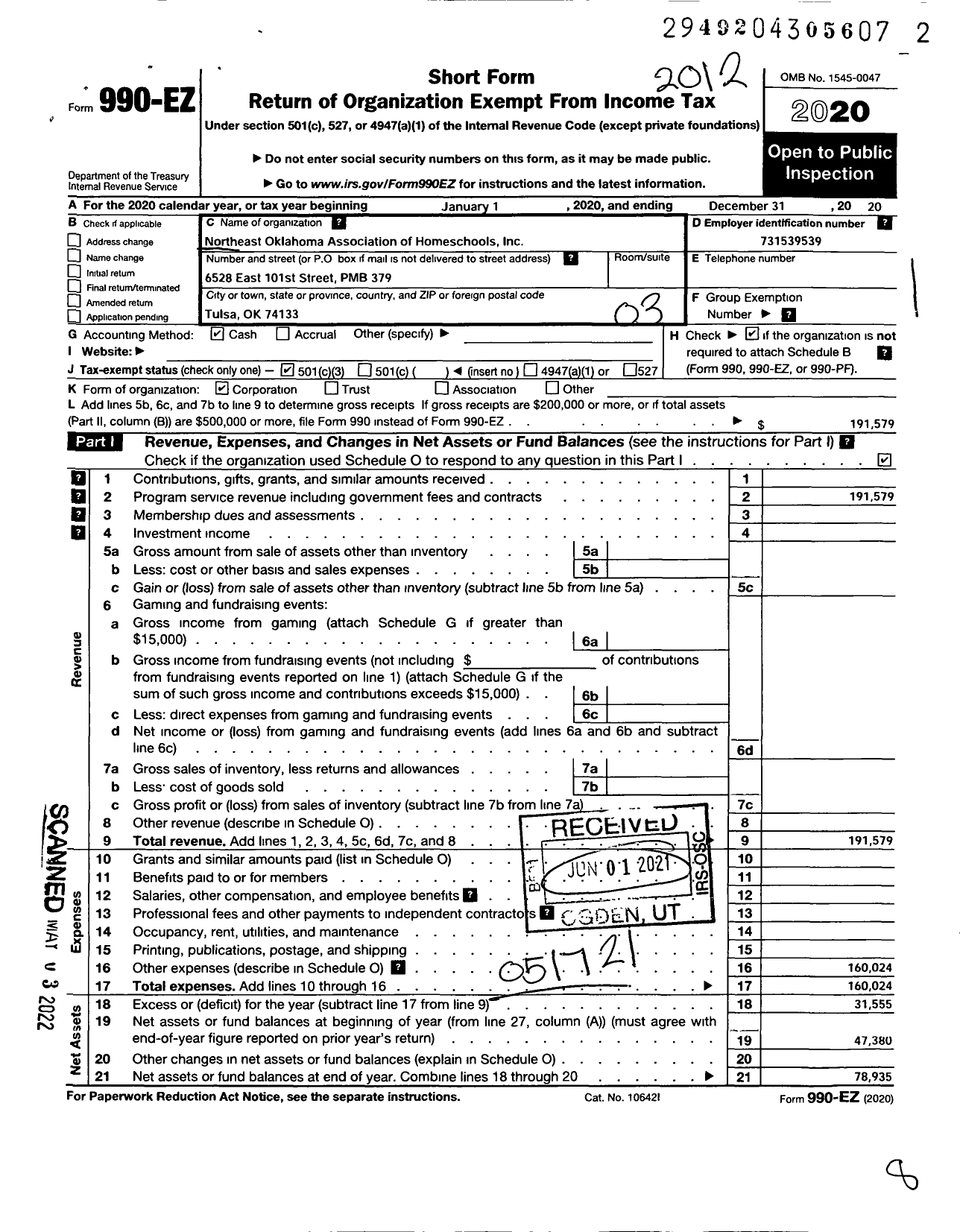 Image of first page of 2020 Form 990EZ for Northeast Oklahoma Association of Homeschools