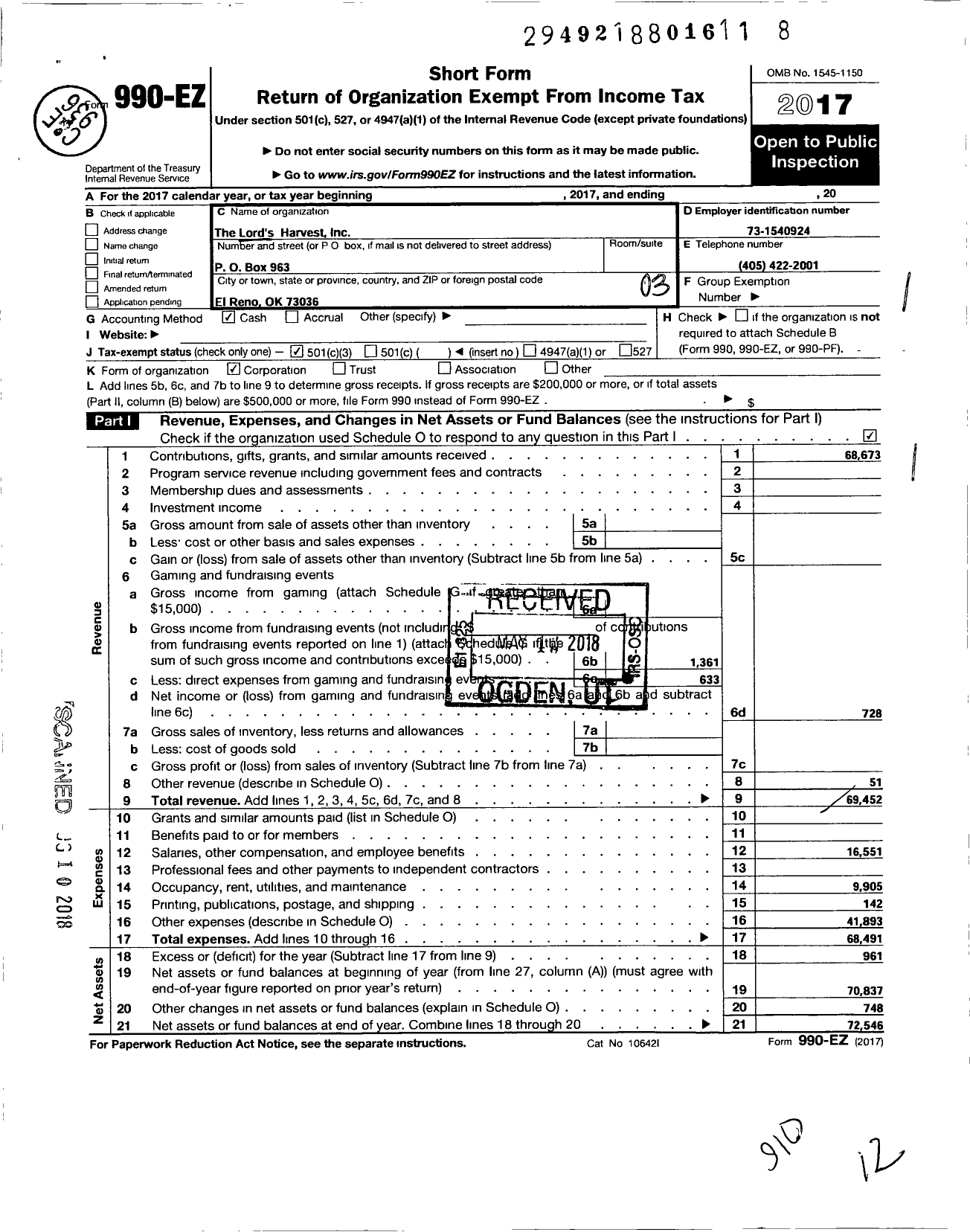 Image of first page of 2017 Form 990EZ for Lords Harvest