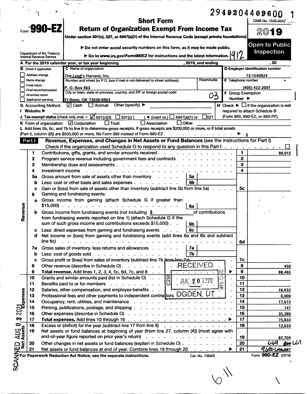 Image of first page of 2019 Form 990EZ for Lords Harvest