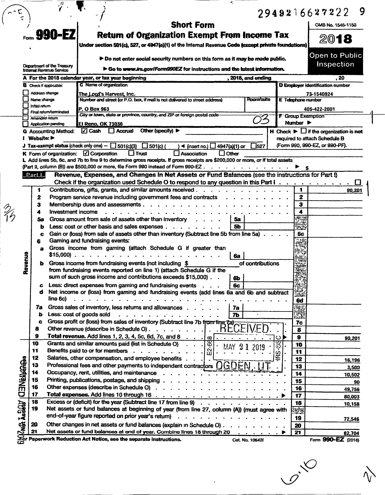 Image of first page of 2018 Form 990EZ for Lords Harvest