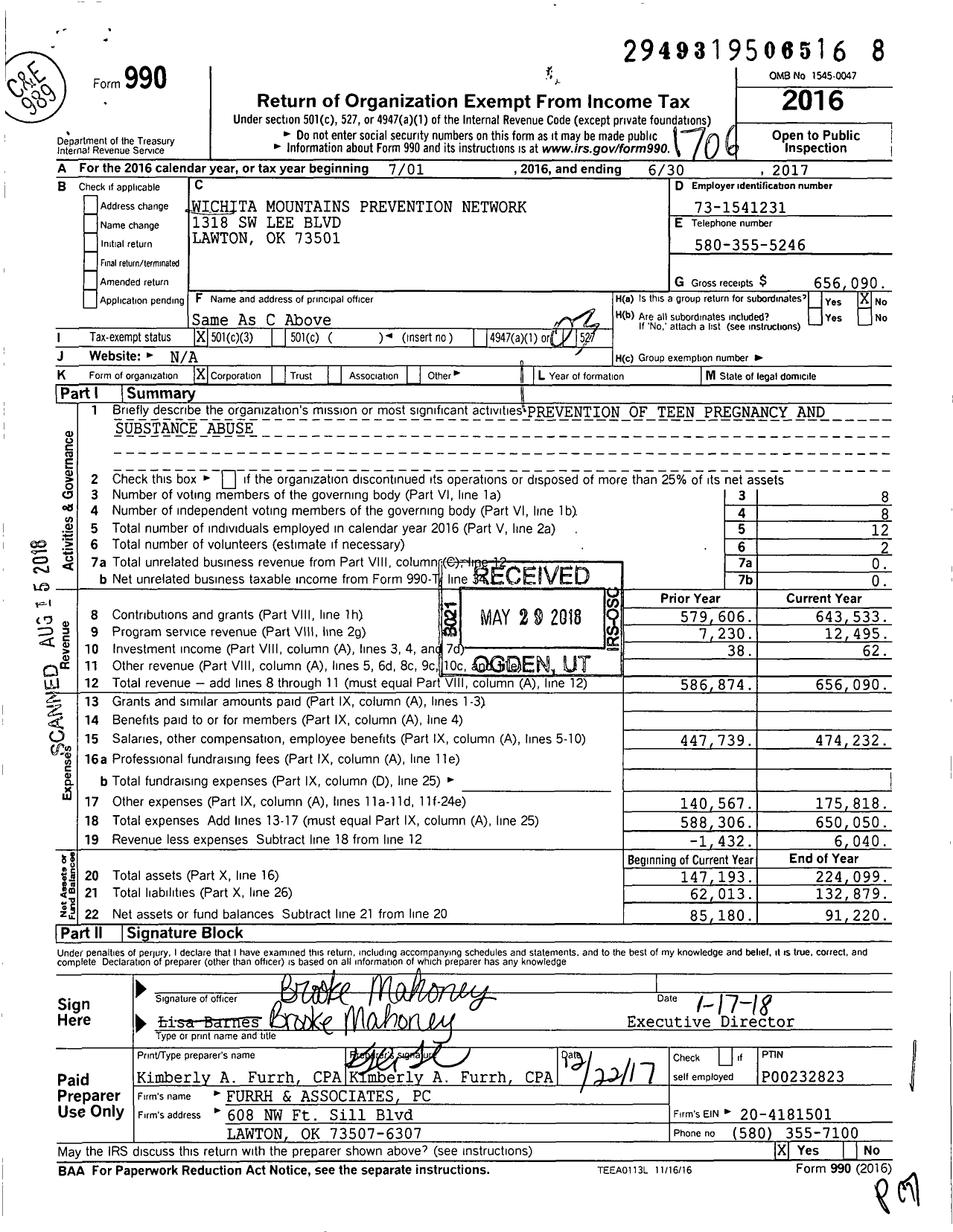 Image of first page of 2016 Form 990 for Wichita Mountains Prevention Network