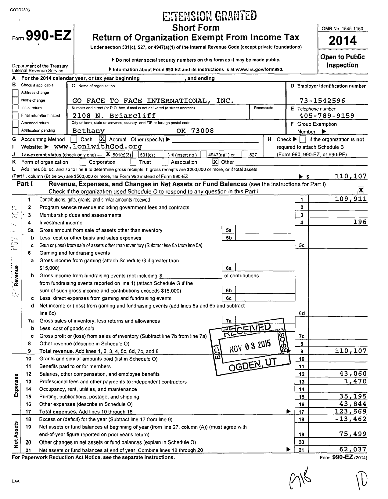 Image of first page of 2014 Form 990EZ for Go Face To Face International