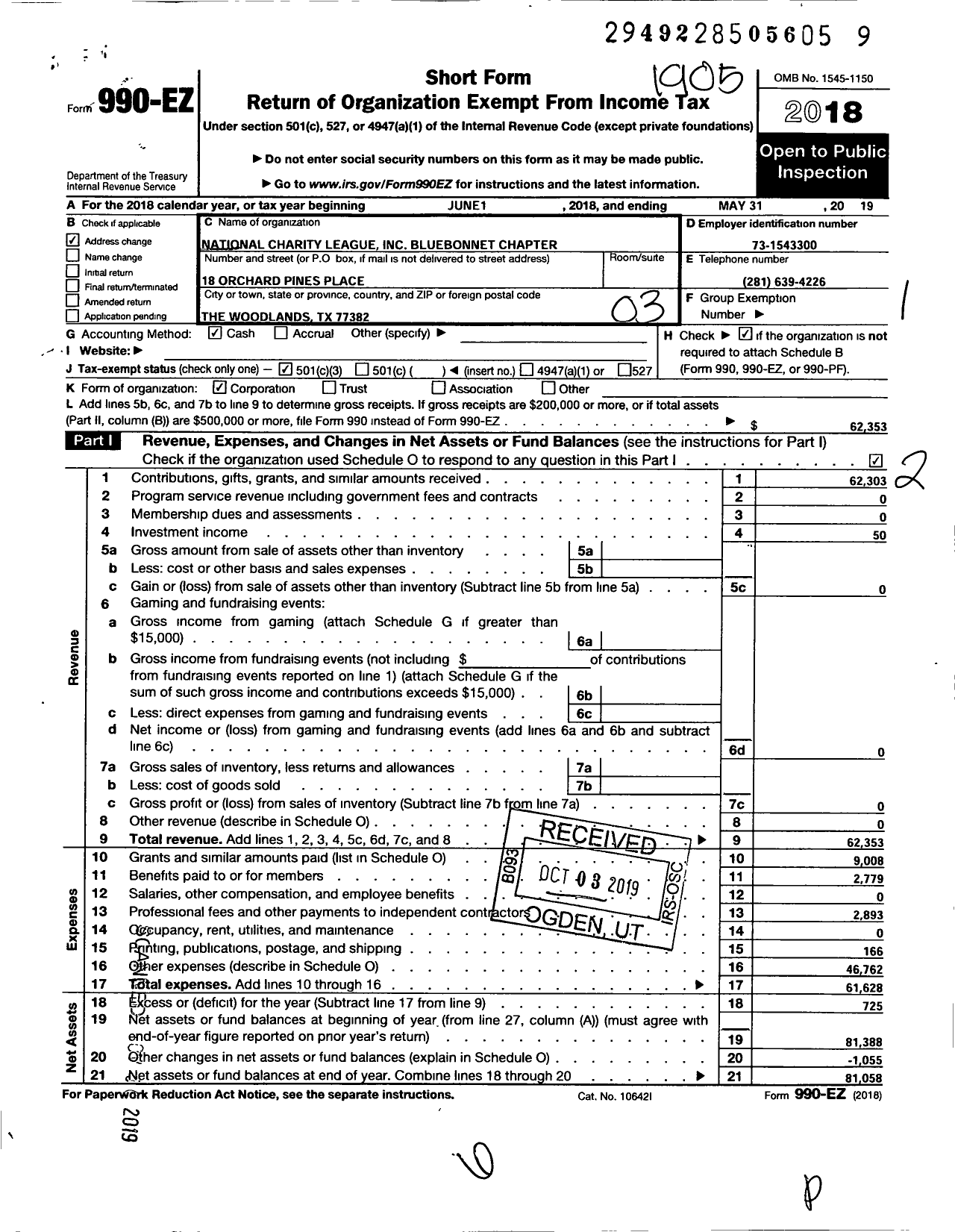 Image of first page of 2018 Form 990EZ for National Charity League Bluebonnet Chapter