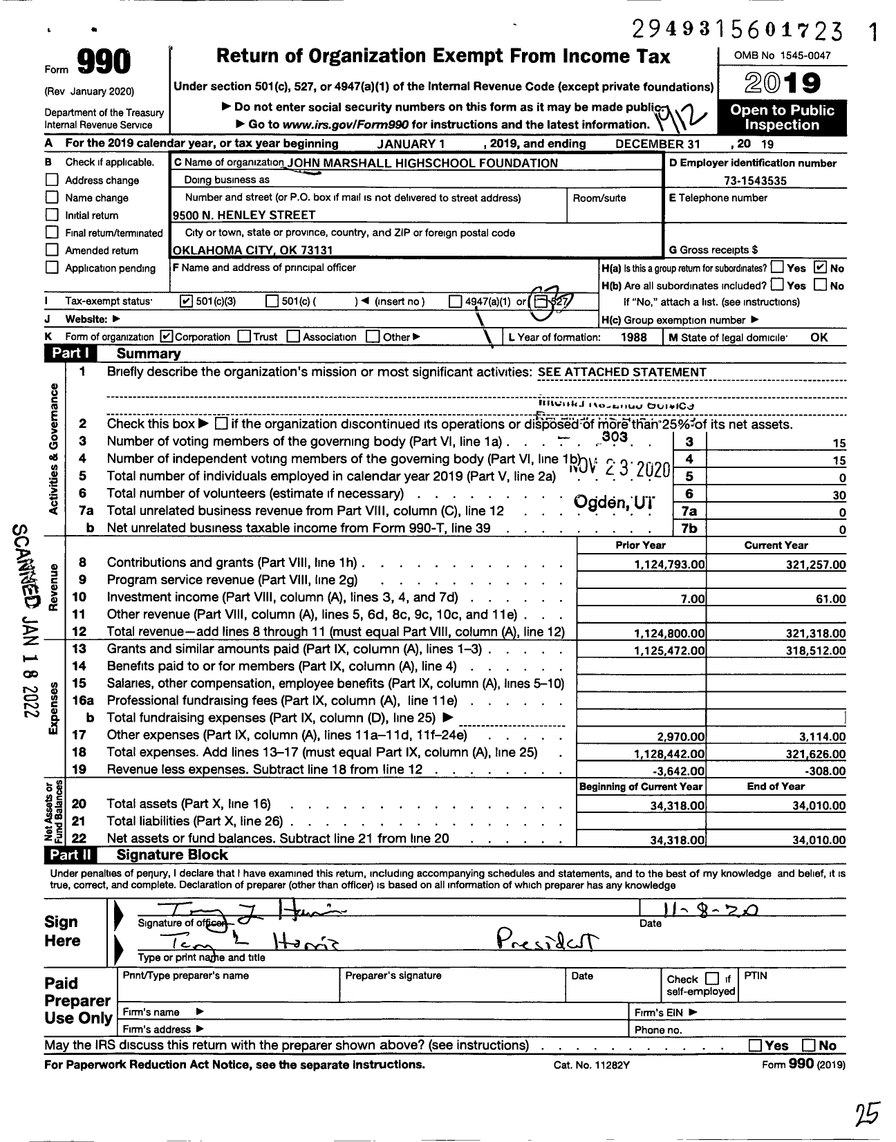 Image of first page of 2019 Form 990 for John Marshall Highschool Foundation