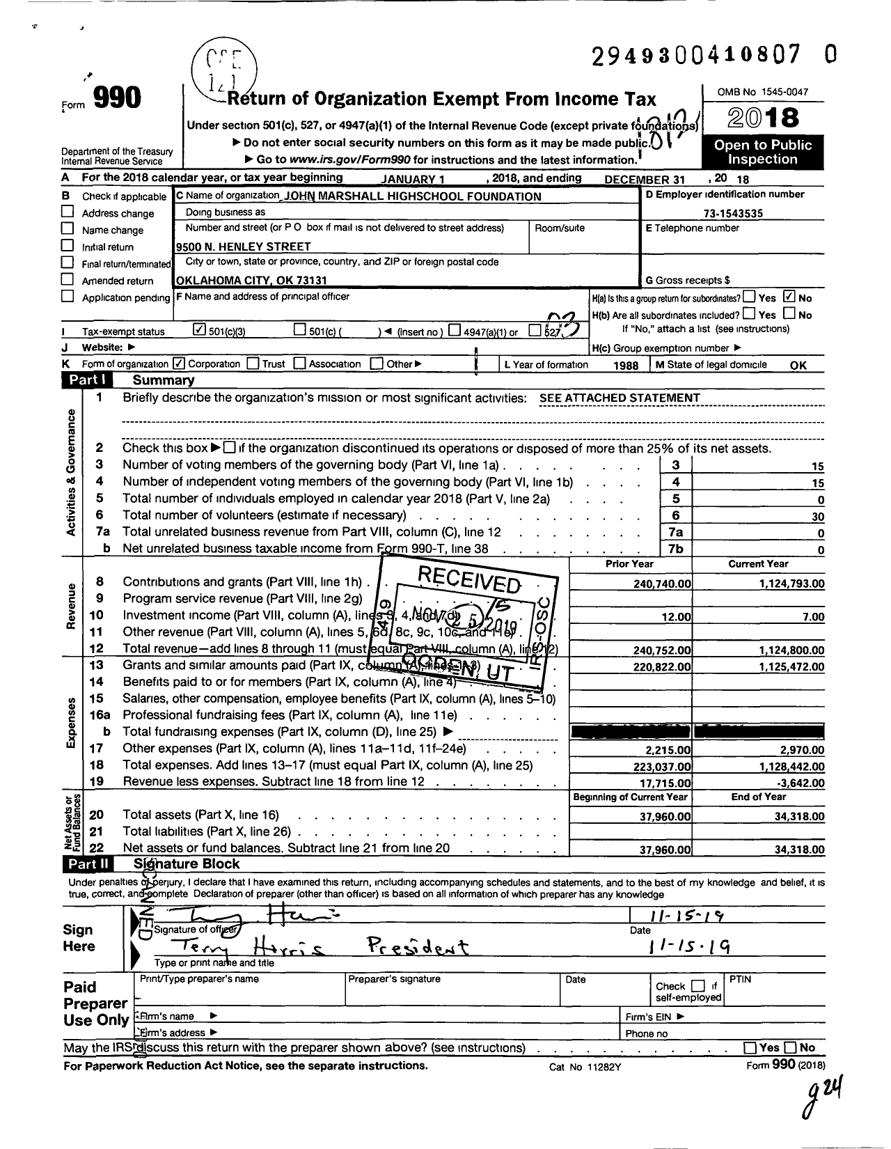 Image of first page of 2018 Form 990 for John Marshall Highschool Foundation