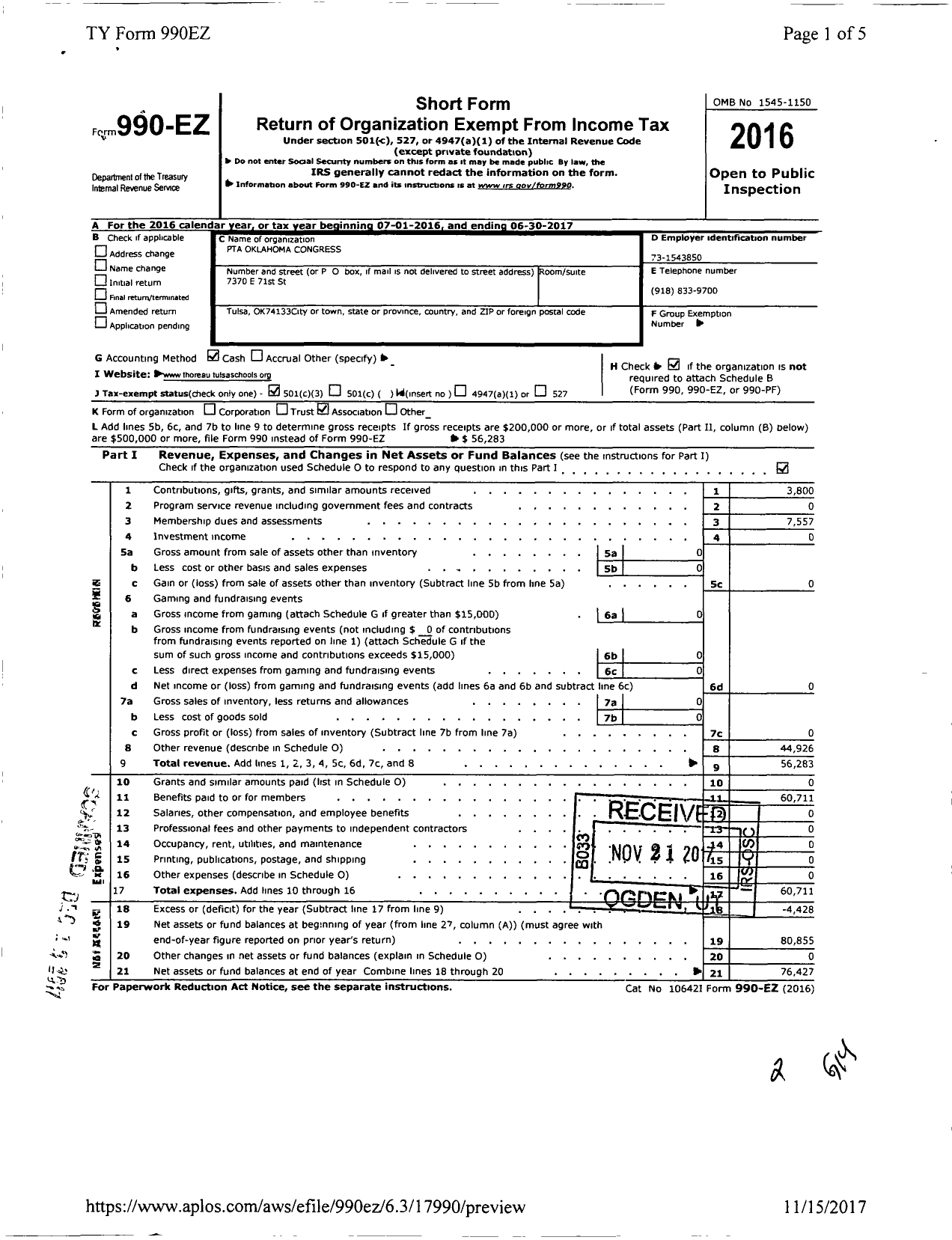 Image of first page of 2016 Form 990EZ for Thoreau Demonstration Academy PTSA