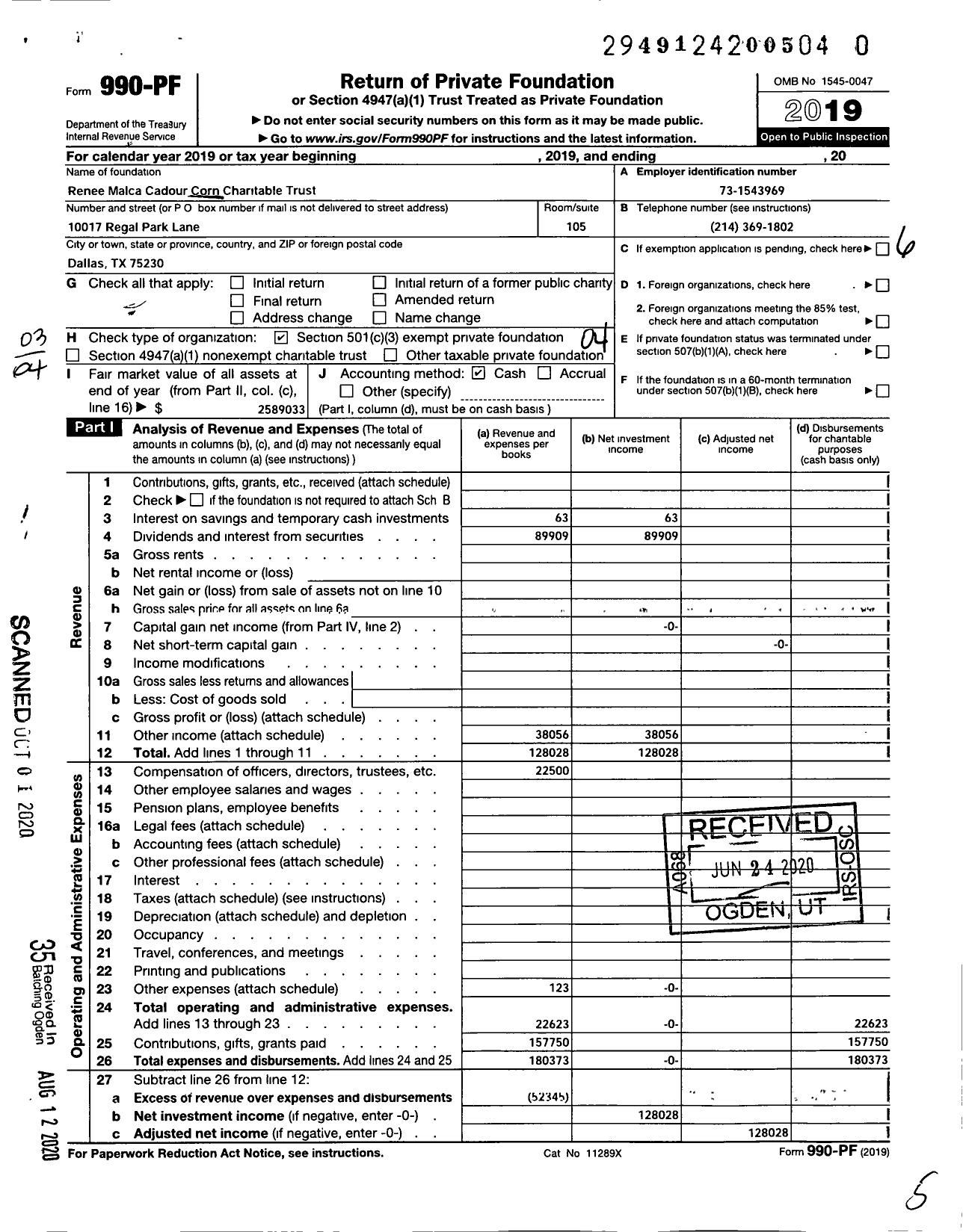 Image of first page of 2019 Form 990PR for Renee Malca Cadour Corn Charitable Trust