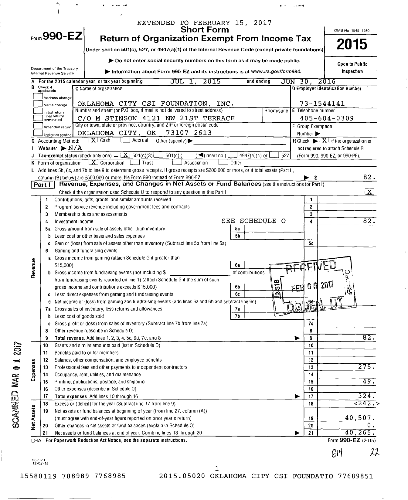 Image of first page of 2015 Form 990EZ for Oklahoma City Csi Foundation