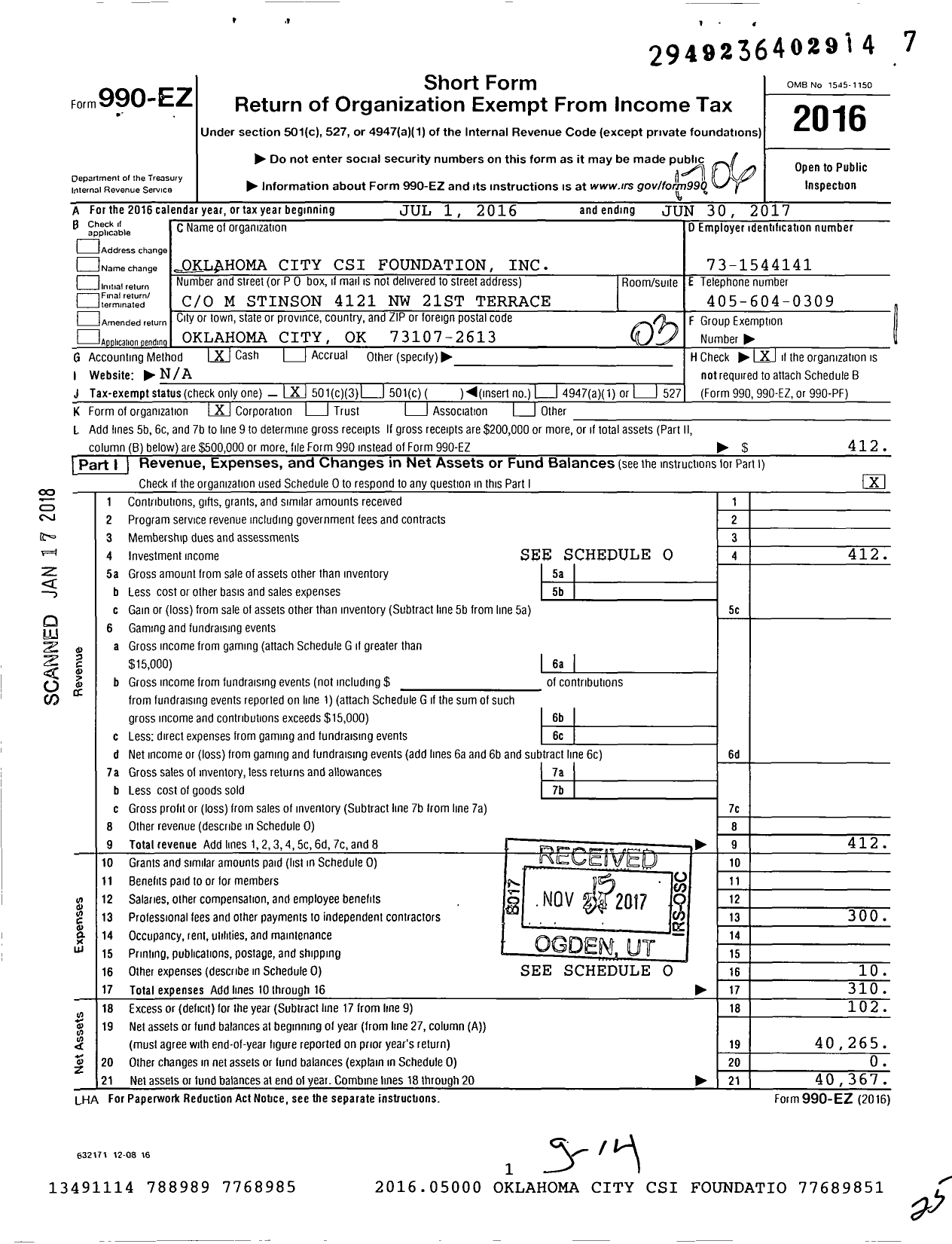 Image of first page of 2016 Form 990EZ for Oklahoma City Csi Foundation