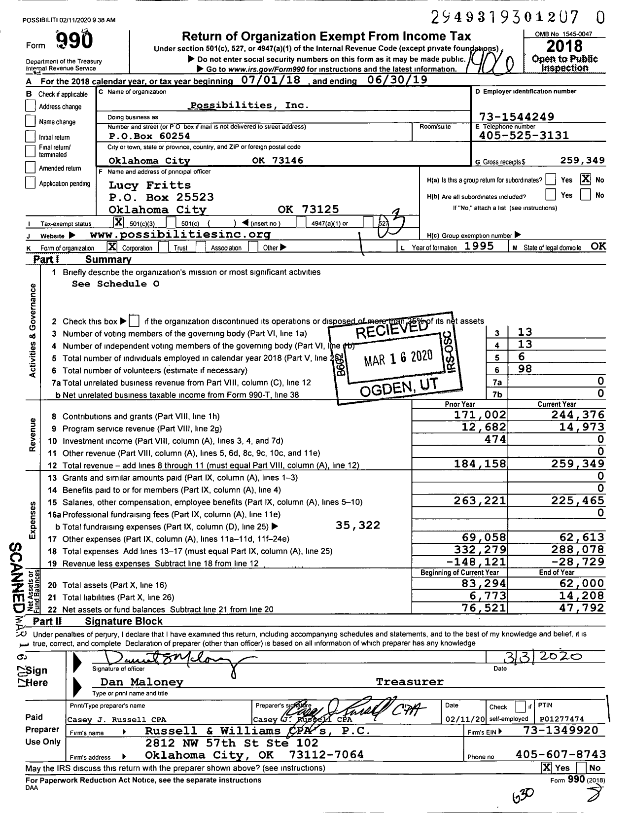 Image of first page of 2018 Form 990 for Possibilities