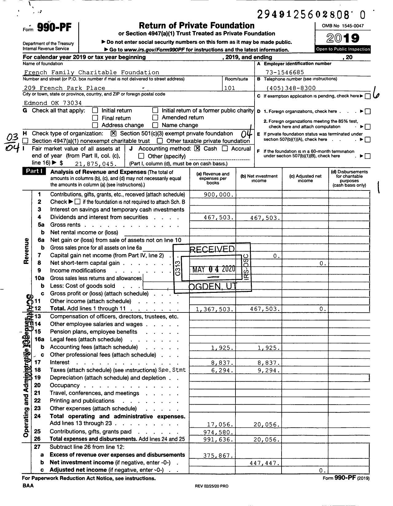 Image of first page of 2019 Form 990PR for French Family Charitable Foundation