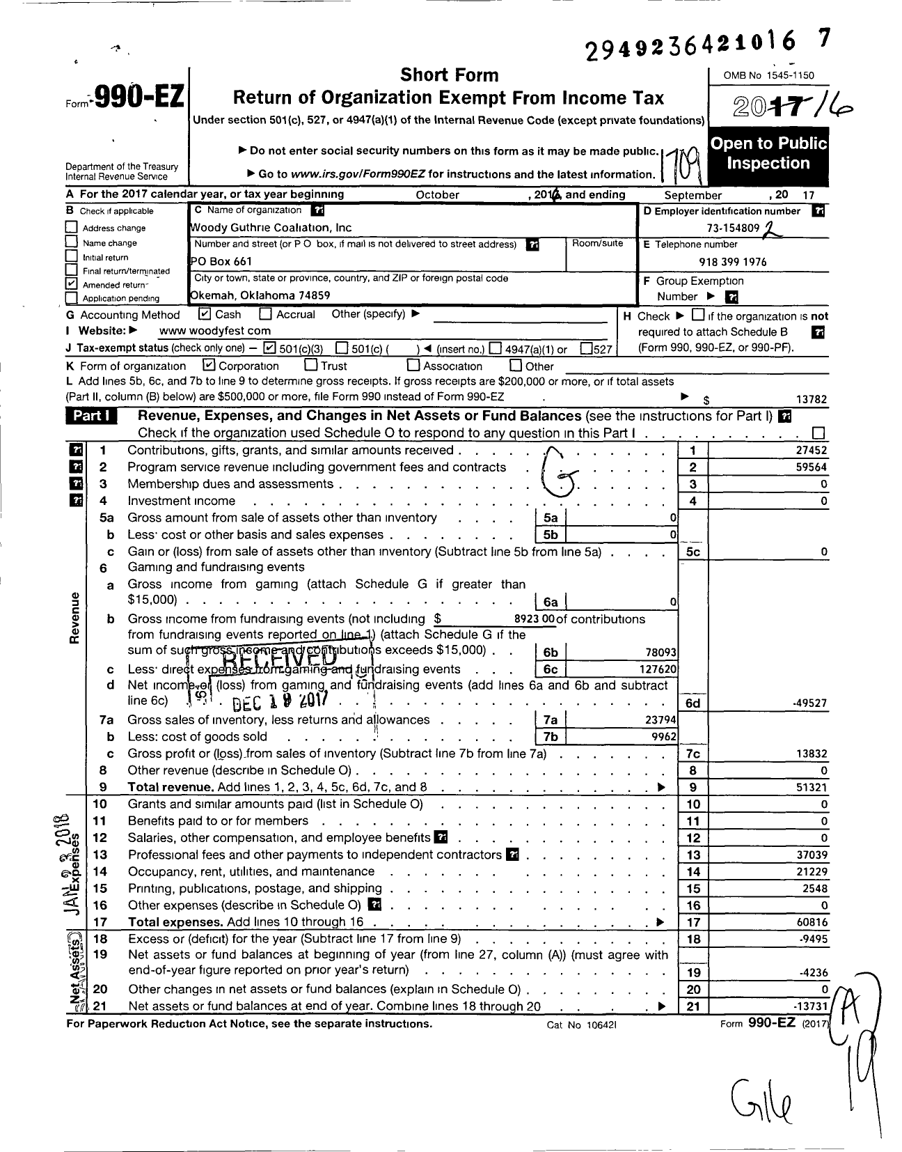 Image of first page of 2016 Form 990EZ for Woody Guthrie Coalition