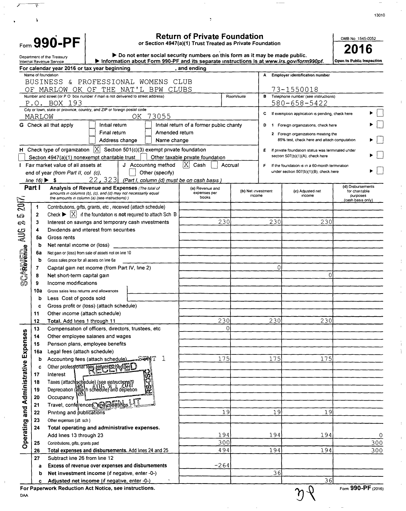 Image of first page of 2016 Form 990PF for Business and Professional Womens Club of Marlow Ok of the Nat'l BPW Clubs