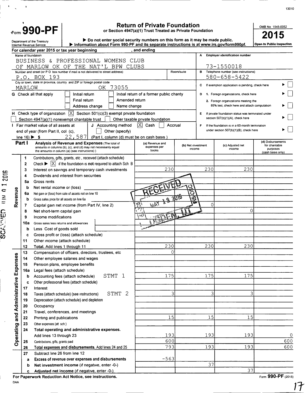 Image of first page of 2015 Form 990PF for Business and Professional Womens Club of Marlow Ok of the Nat'l BPW Clubs