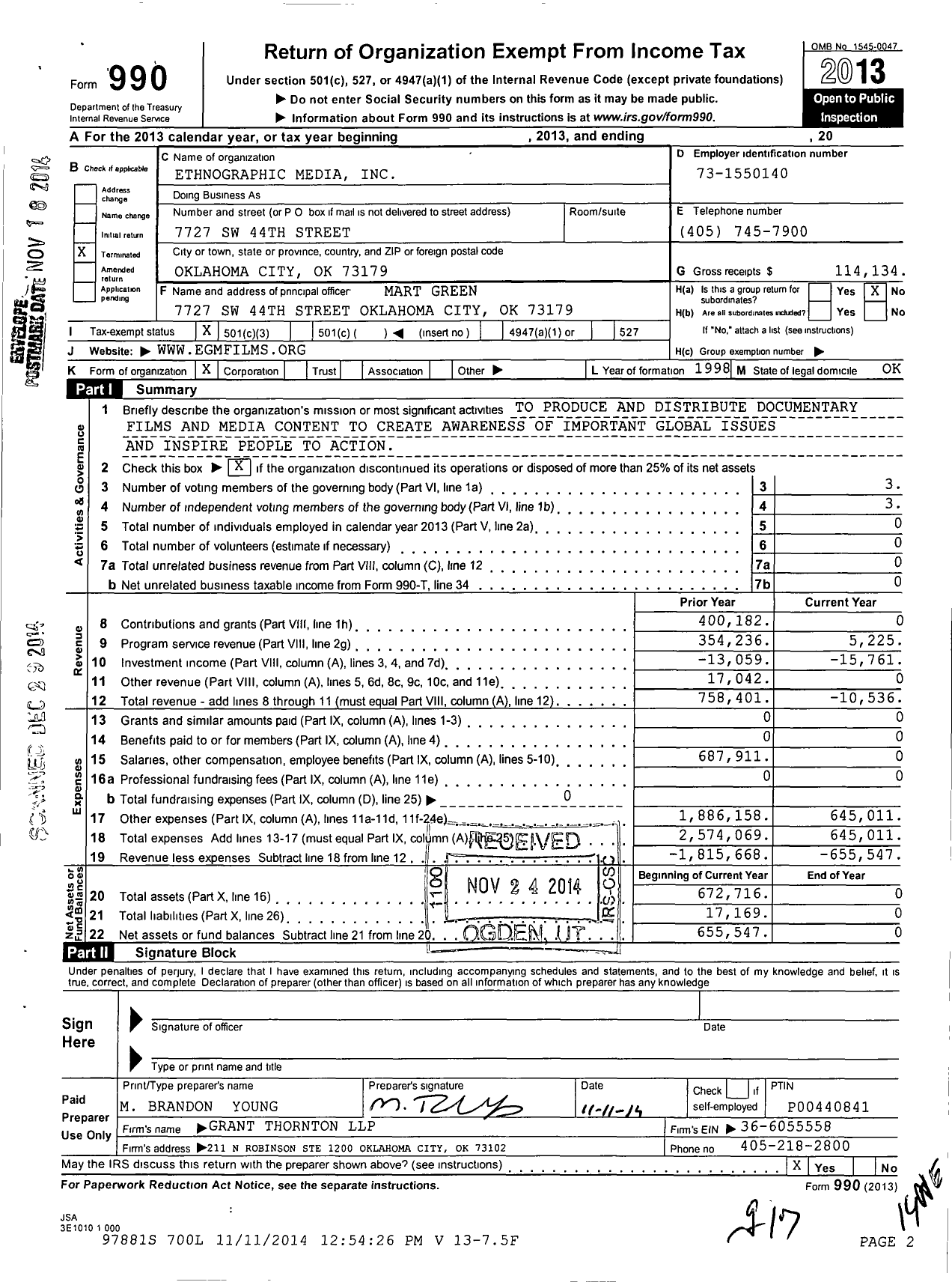 Image of first page of 2013 Form 990 for Ethnographic Media