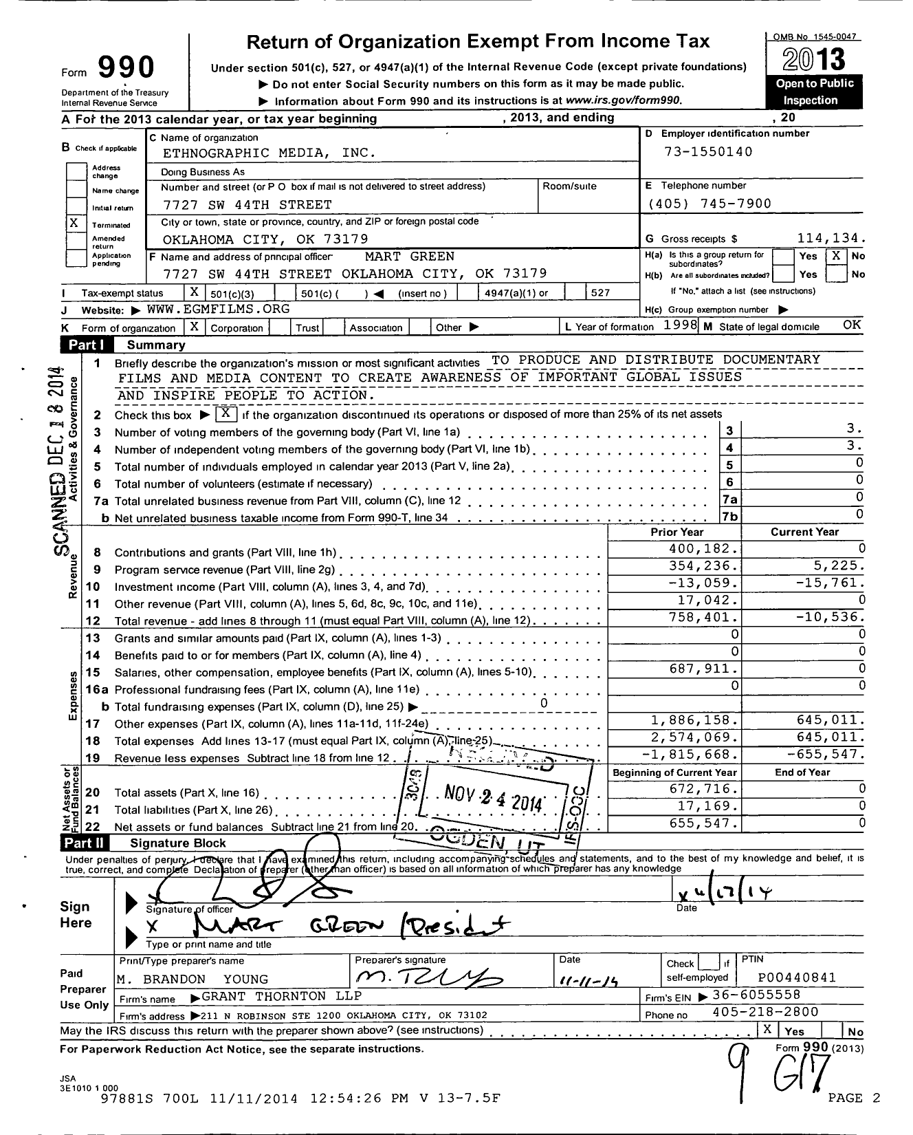 Image of first page of 2013 Form 990 for Ethnographic Media