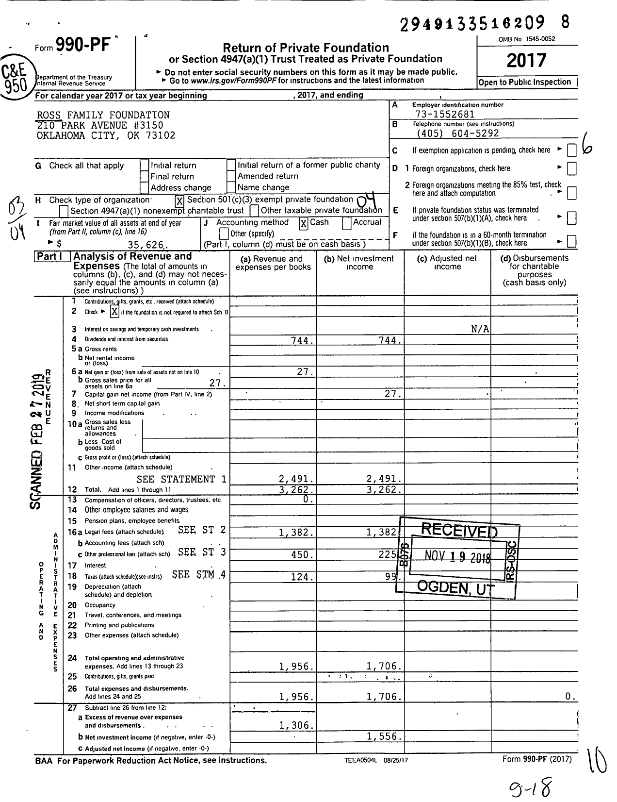 Image of first page of 2017 Form 990PF for Ross Family Foundation