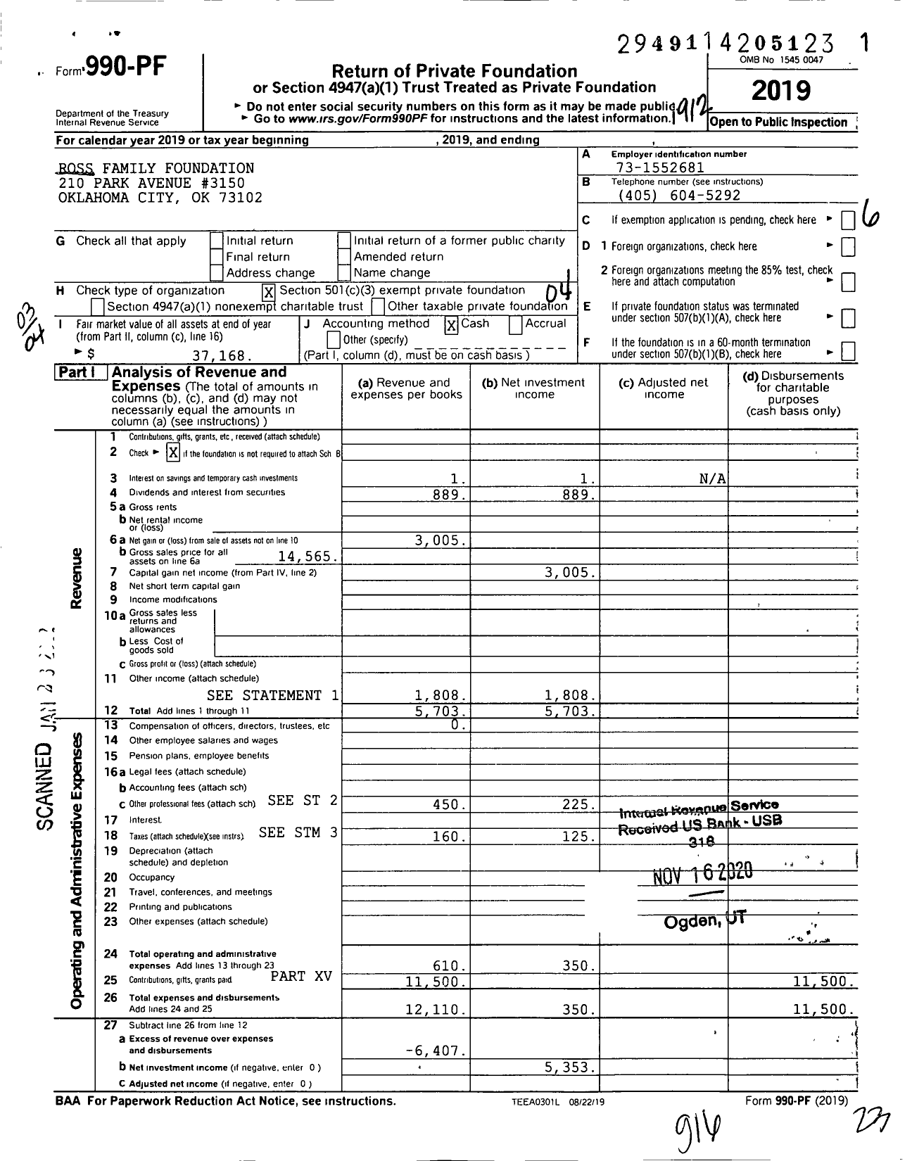 Image of first page of 2019 Form 990PF for Ross Family Foundation