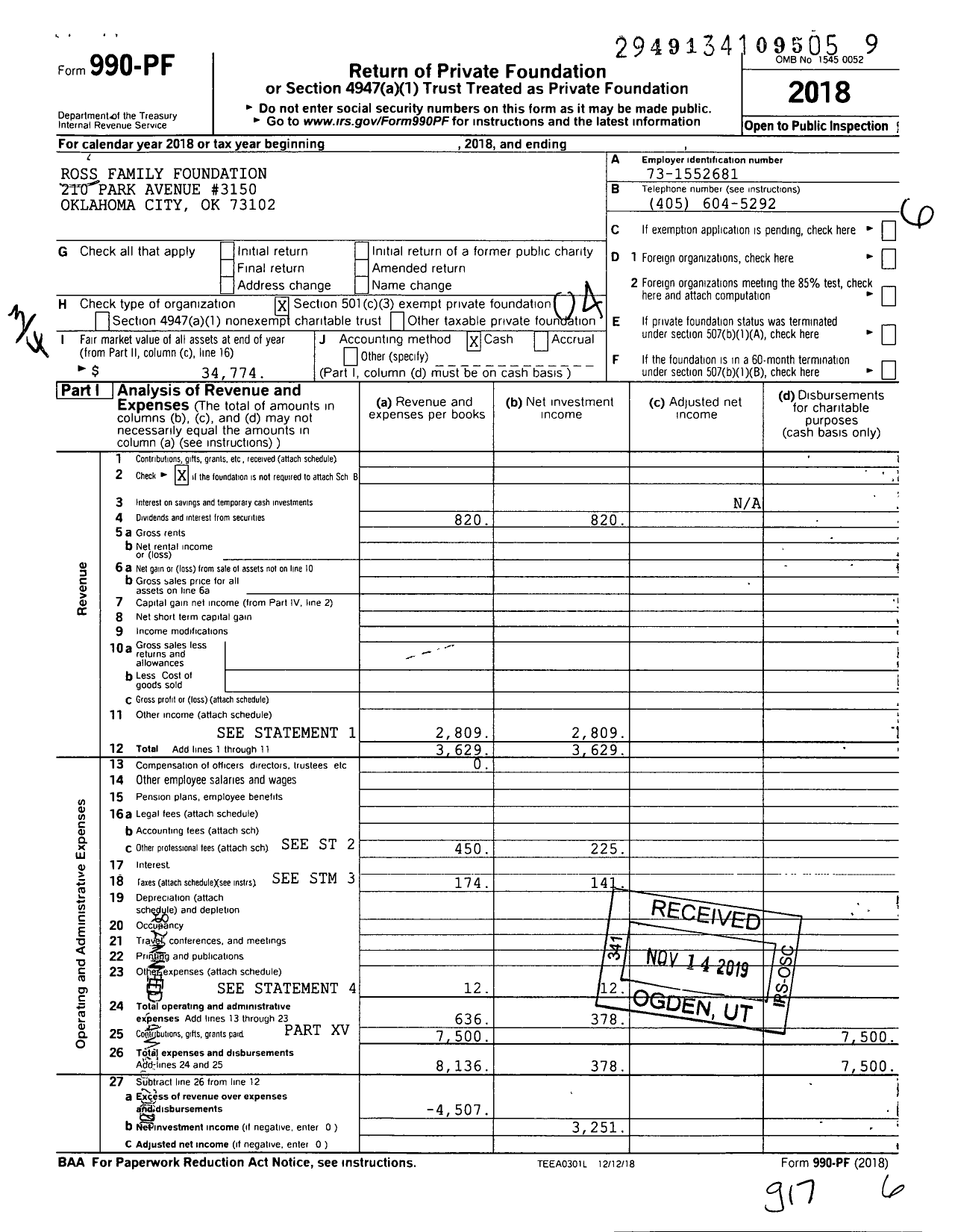 Image of first page of 2018 Form 990PF for Ross Family Foundation