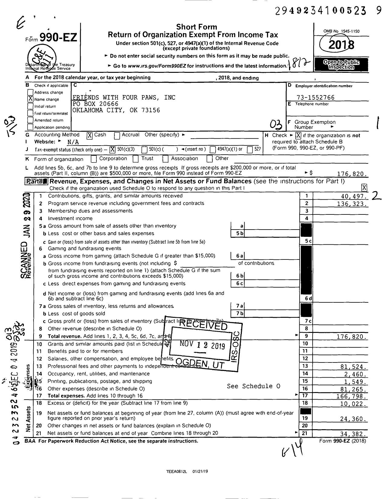 Image of first page of 2018 Form 990EZ for Friends with Four Paws