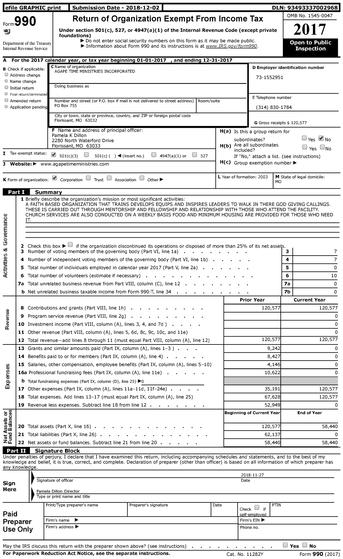 Image of first page of 2017 Form 990 for Agape Time Ministries Incorporated