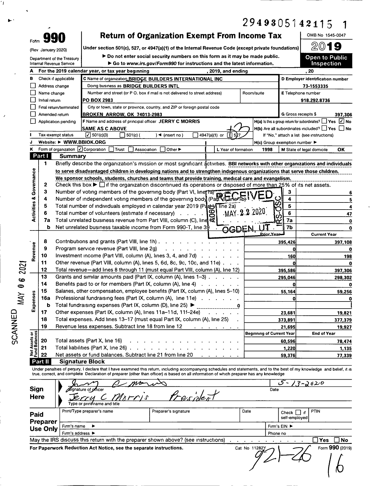 Image of first page of 2019 Form 990 for Bridge Builders International