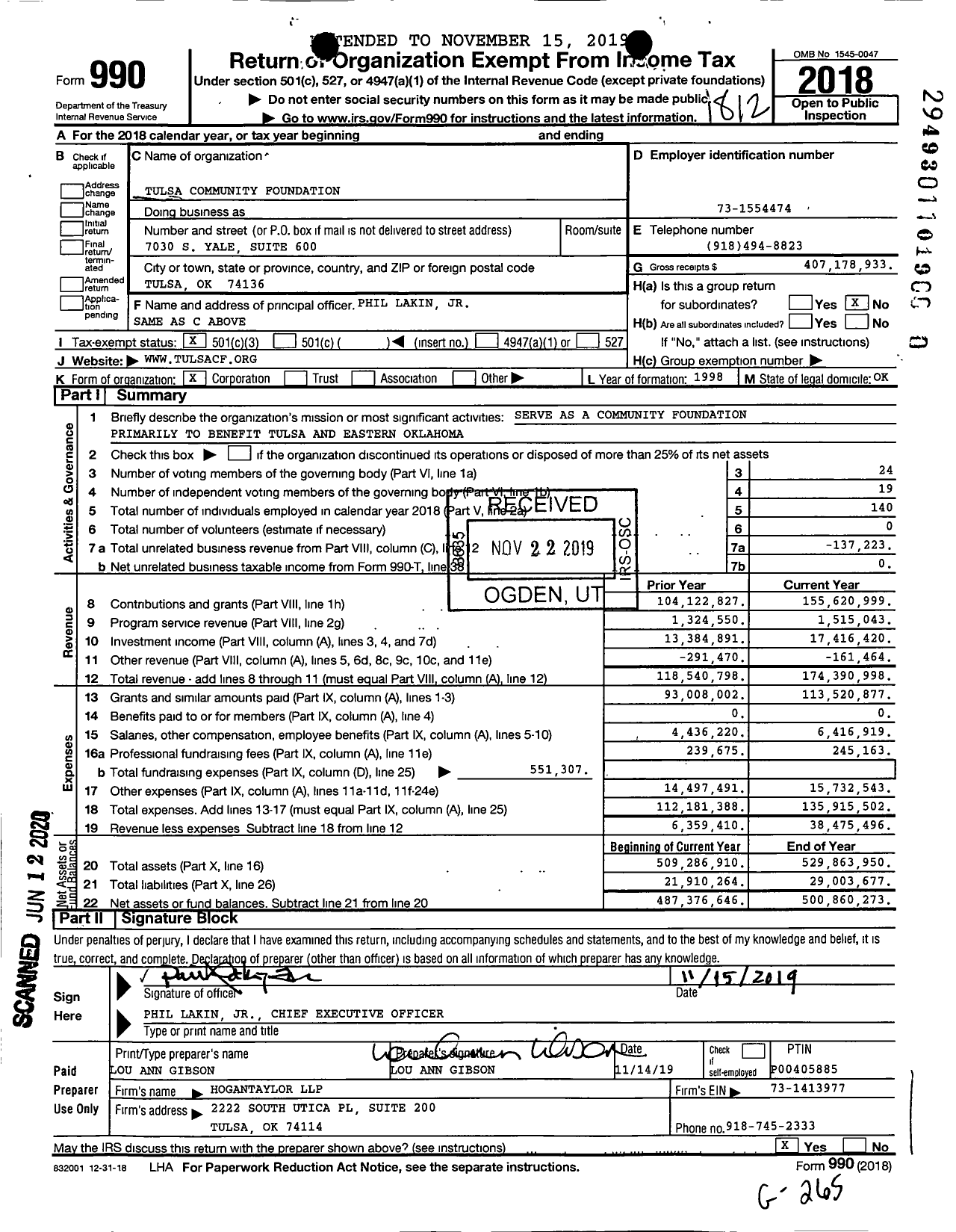 Image of first page of 2018 Form 990 for Tulsa Community Foundation