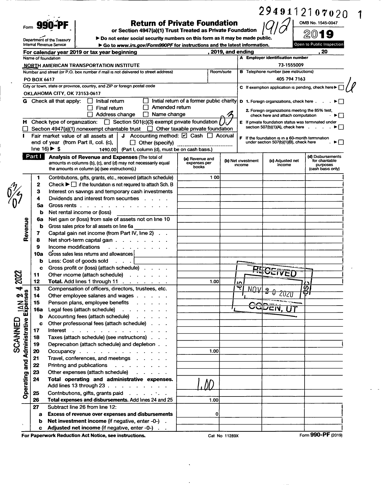 Image of first page of 2019 Form 990PF for North American Transportation Institute