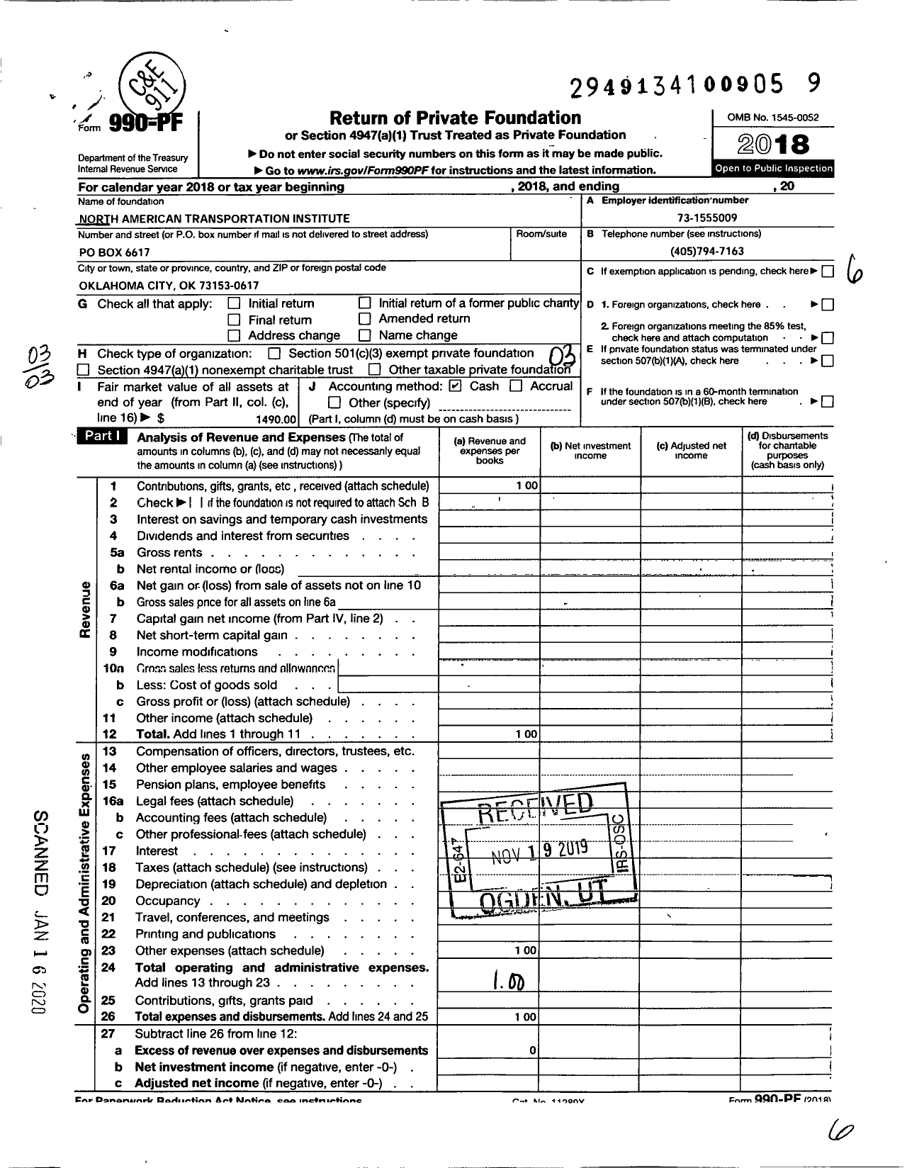 Image of first page of 2018 Form 990PF for North American Transportation Institute