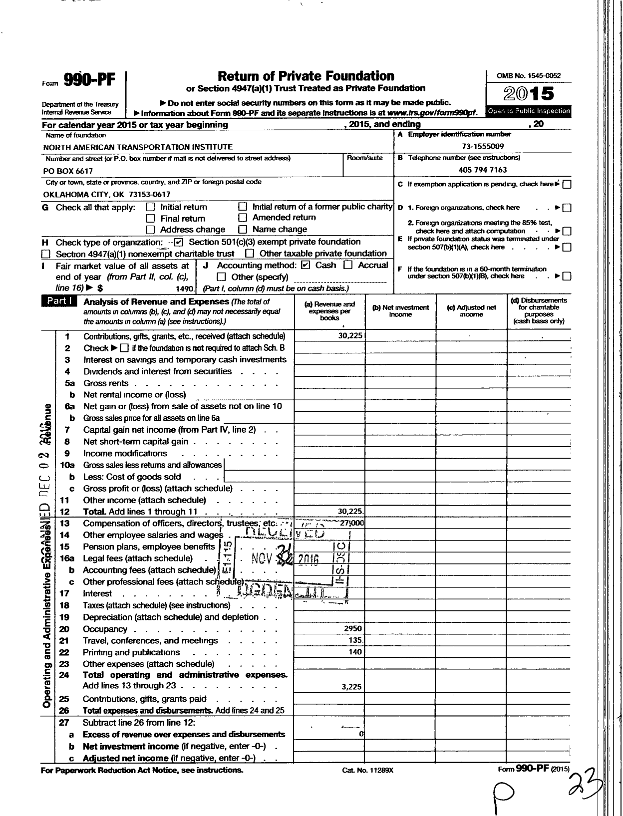 Image of first page of 2015 Form 990PF for North American Transportation Institute