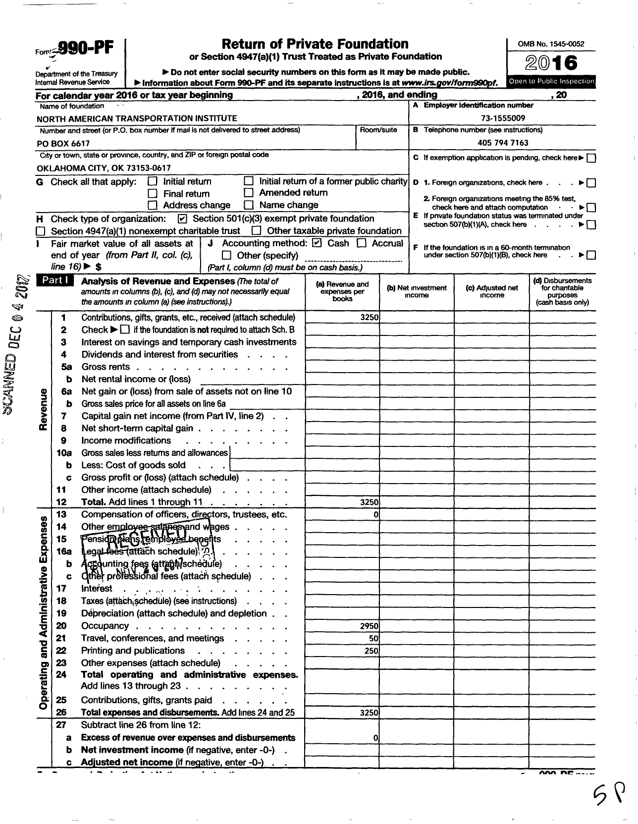 Image of first page of 2016 Form 990PF for North American Transportation Institute