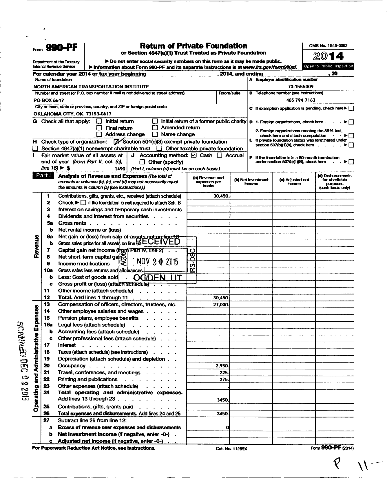 Image of first page of 2014 Form 990PF for North American Transportation Institute