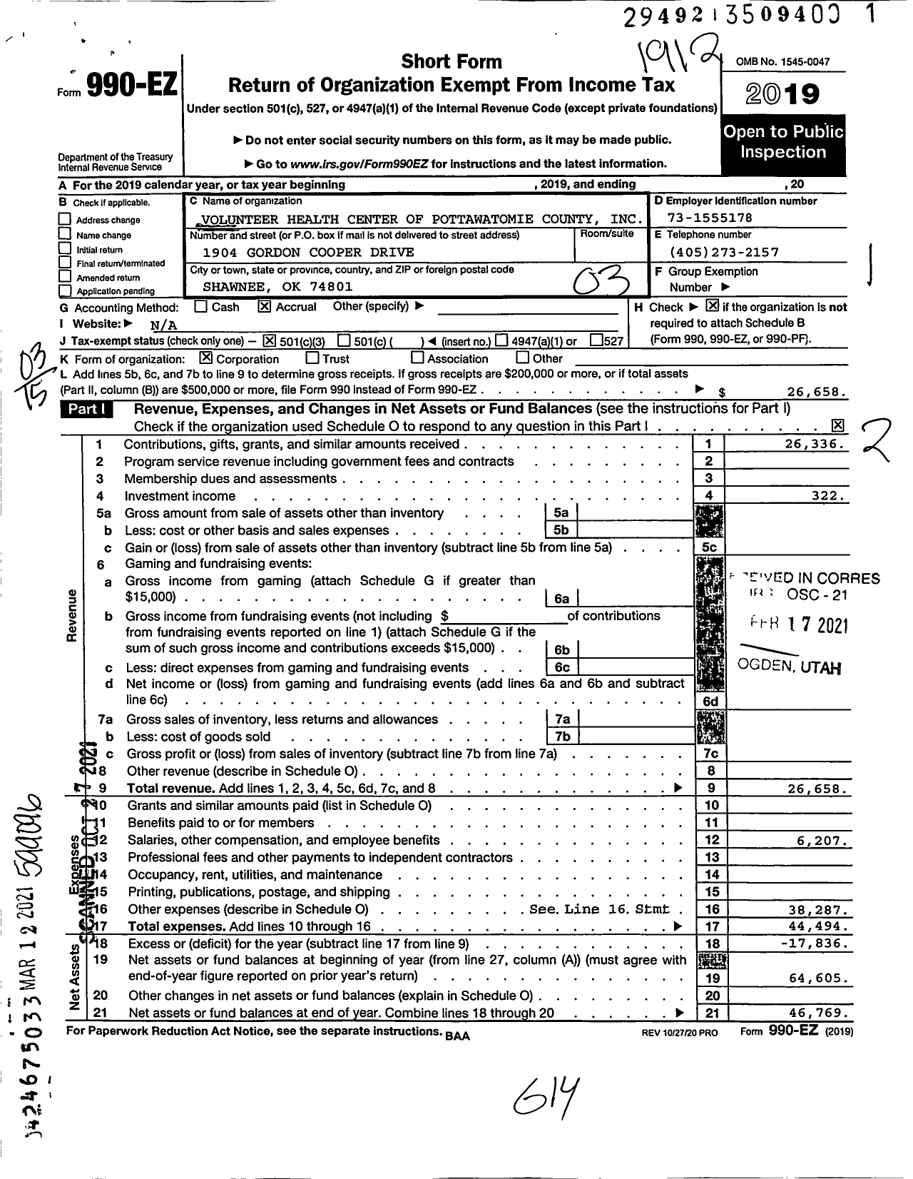 Image of first page of 2019 Form 990EZ for Volunteer Health Center of Pottawatomie County