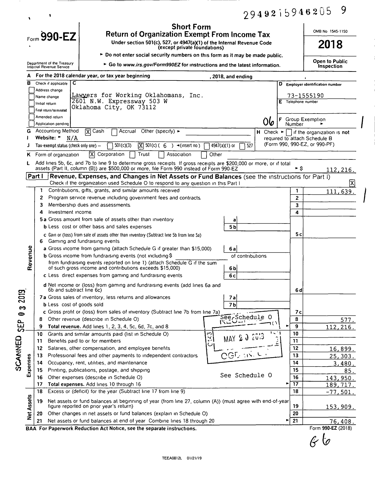 Image of first page of 2018 Form 990EO for Lawyers for Working Oklahomans
