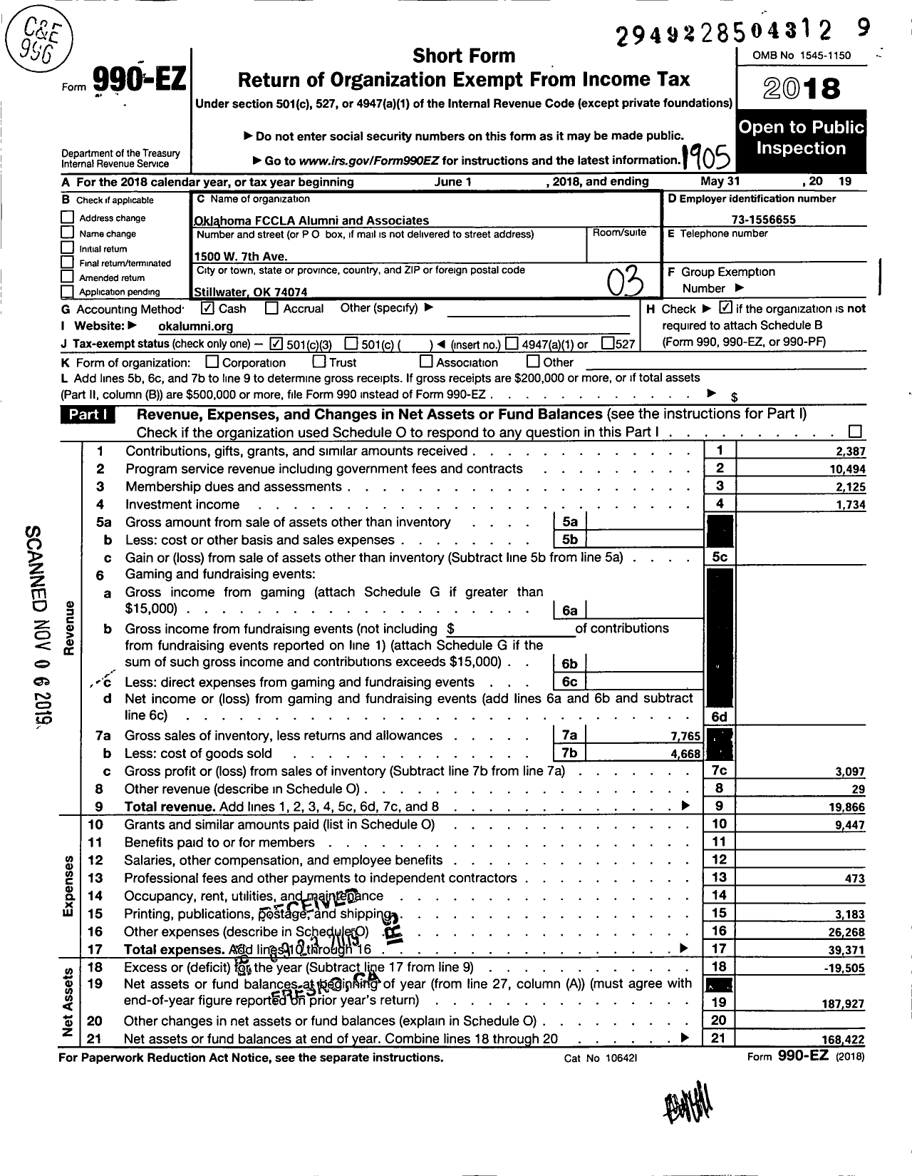 Image of first page of 2018 Form 990EZ for Oklahoma FCCLA Alumni & Associates