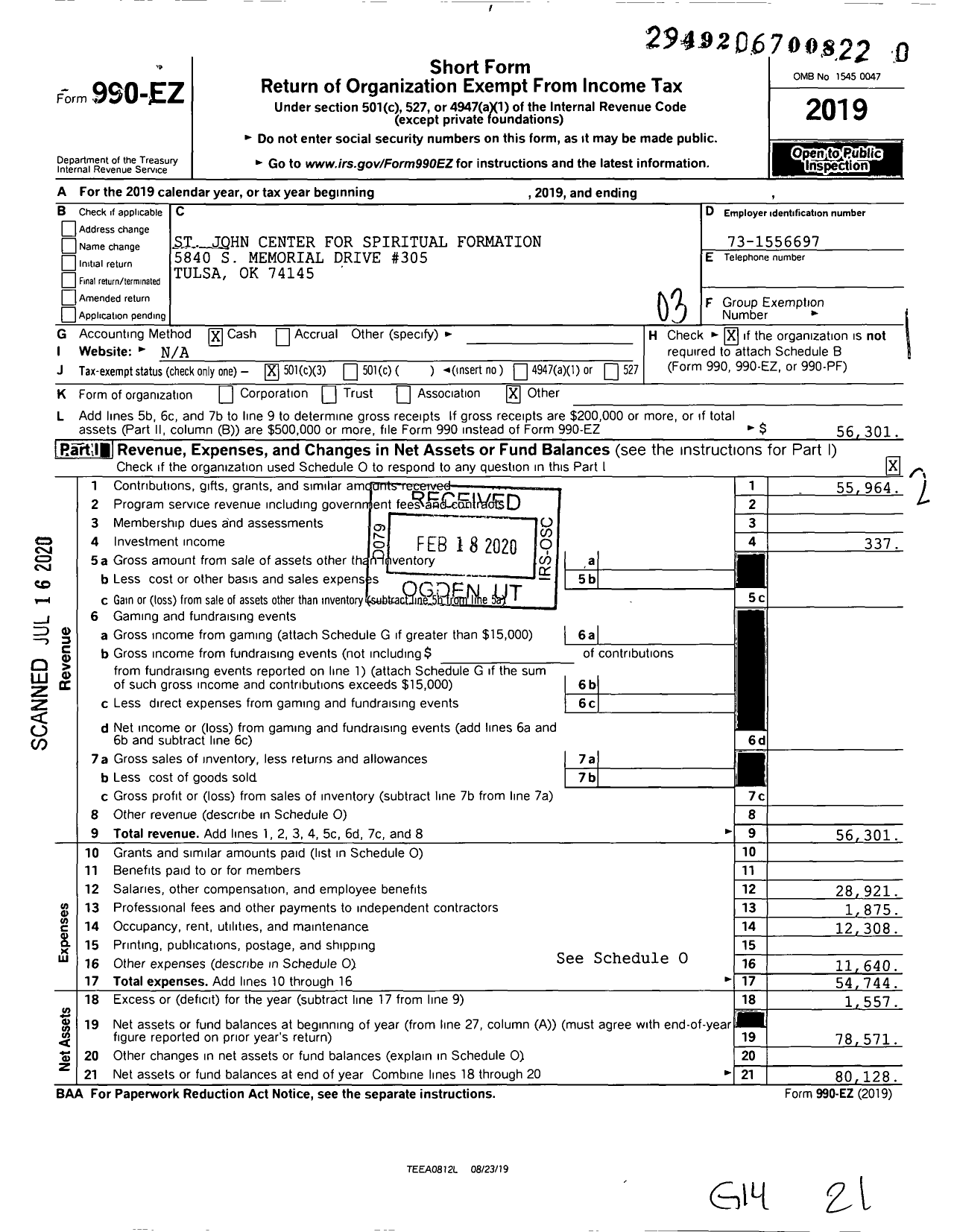 Image of first page of 2019 Form 990EZ for St John Center for Spiritual Formation